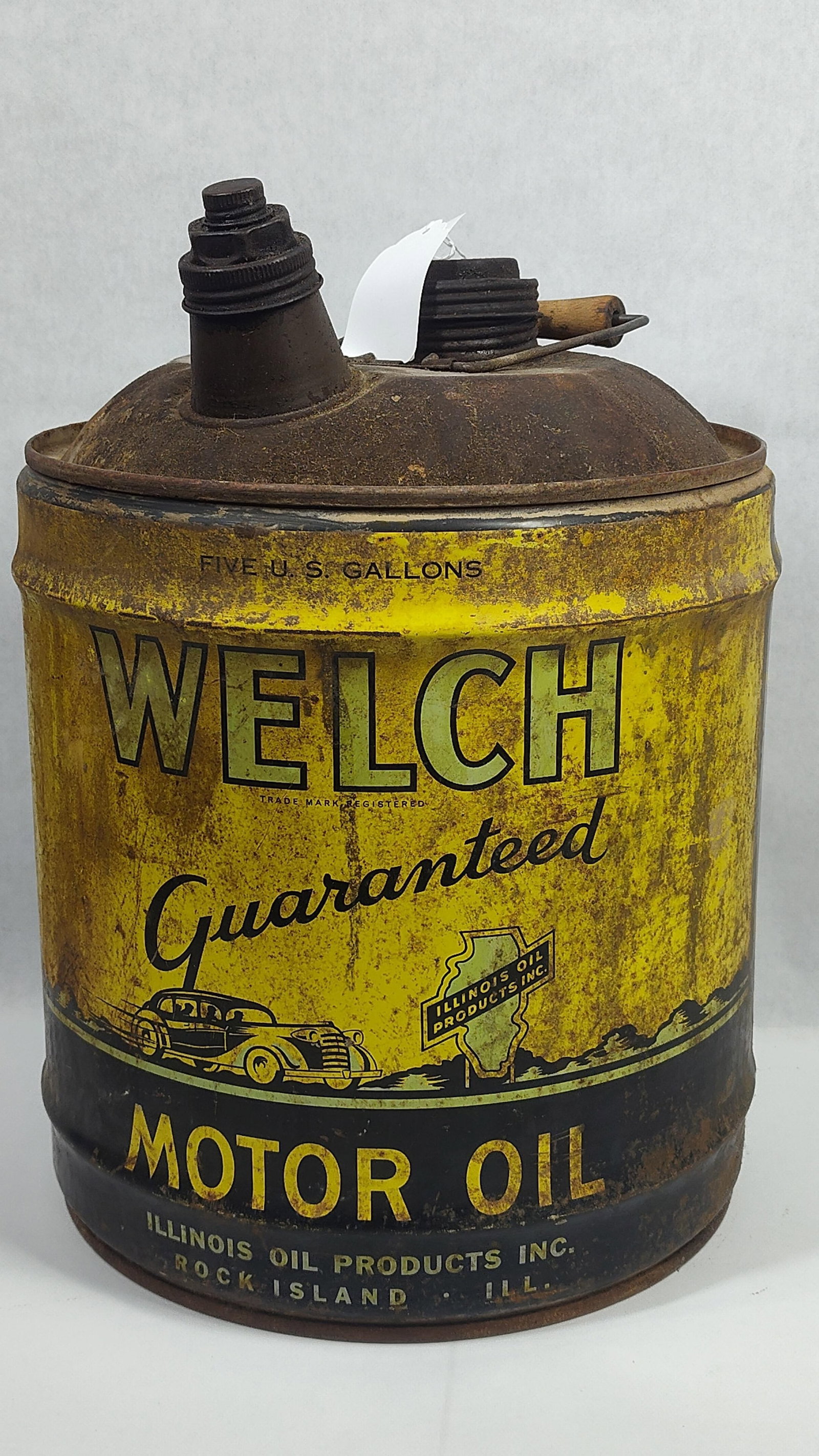 Welch Motor Oil 5gal can: Shows some soiling and corrosion spotting but with good early car graphics!