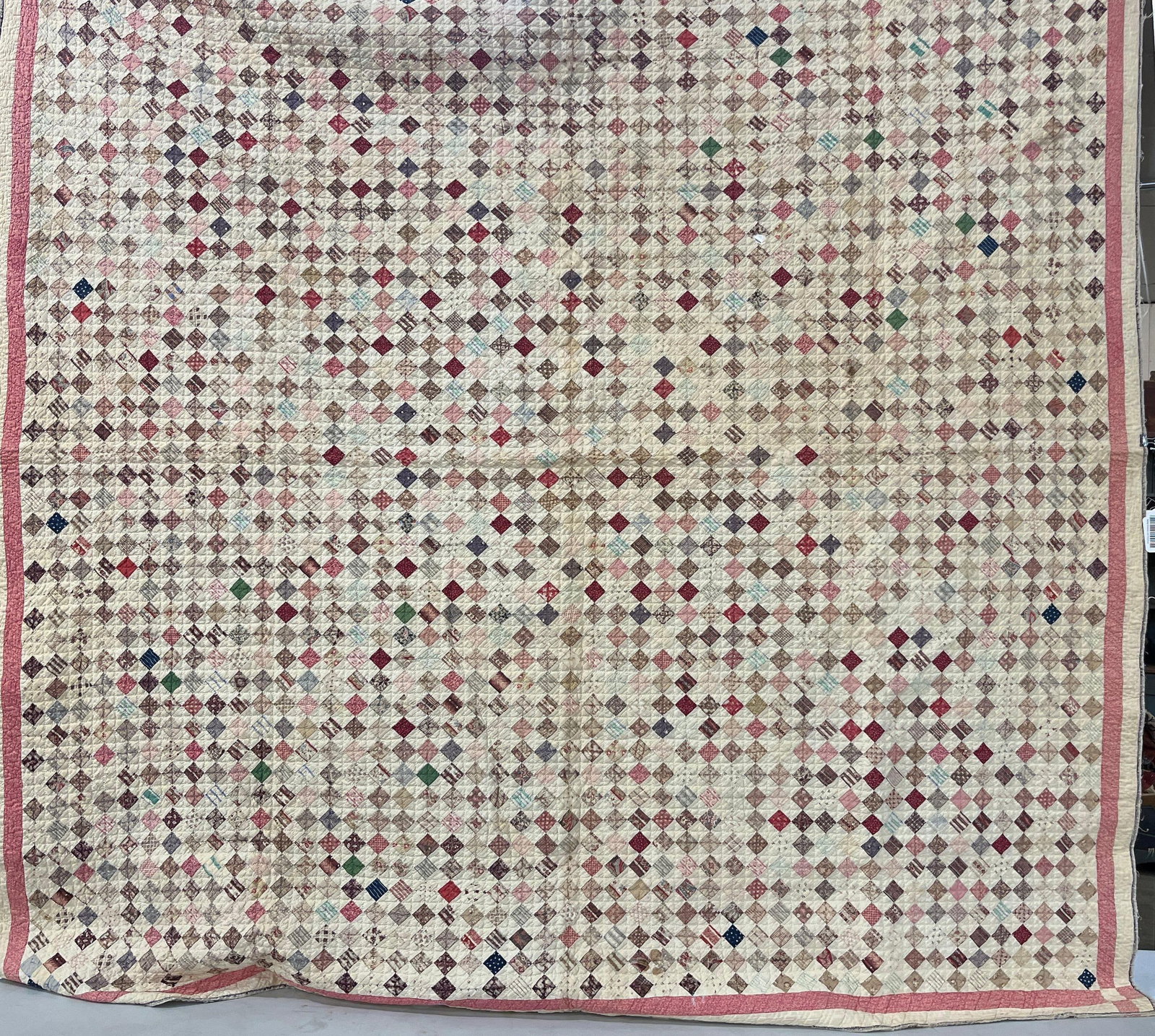 9 Patch Hand Stitched Quilt: A pattern from late 1800s. Nice color with hundreds of tiny stitched squares. 73.5x 72