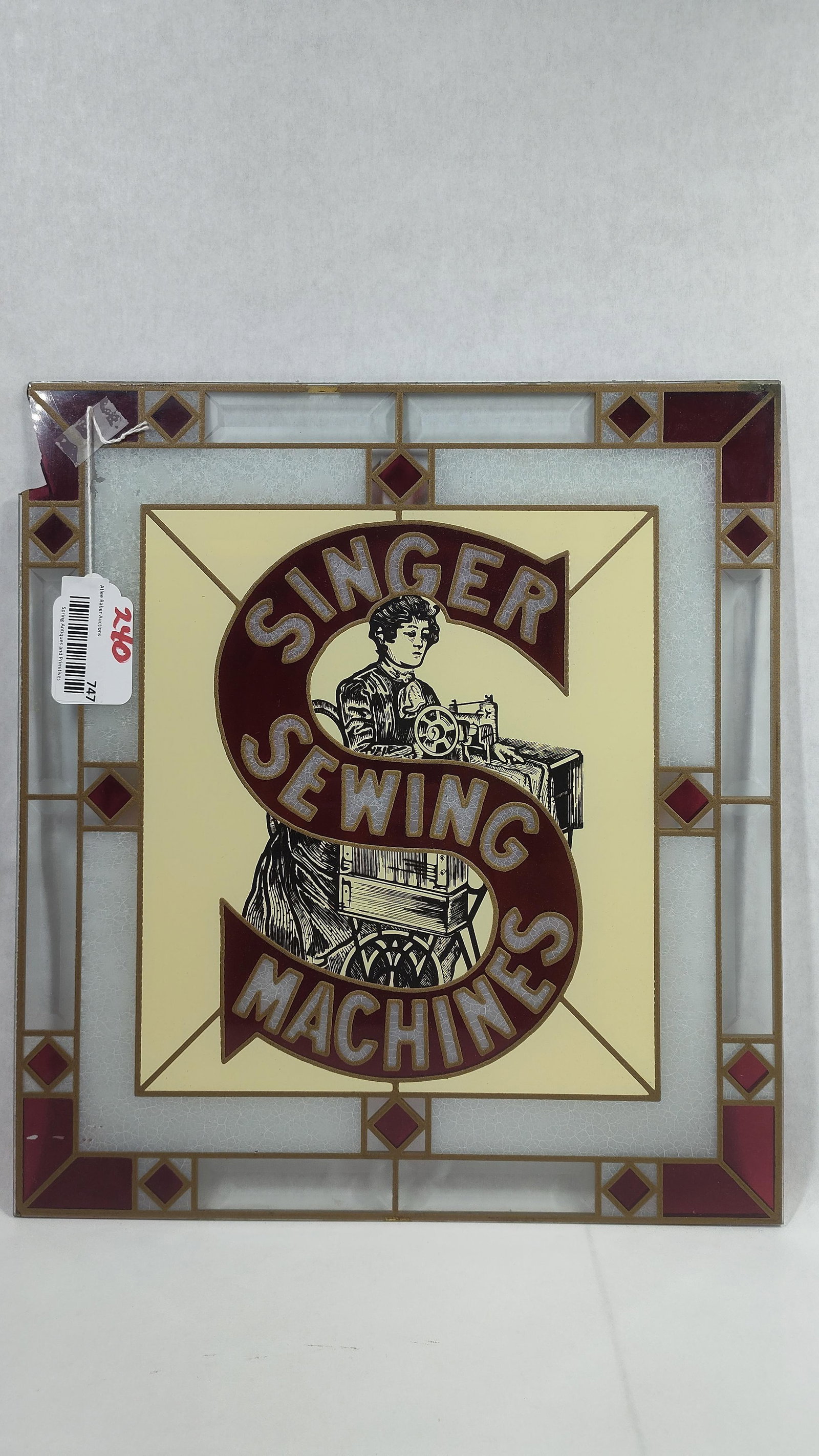 Singer Sewing Machines Stained Glass Panel: Has a significant chip in upper left corner. 16in x 17.5in.