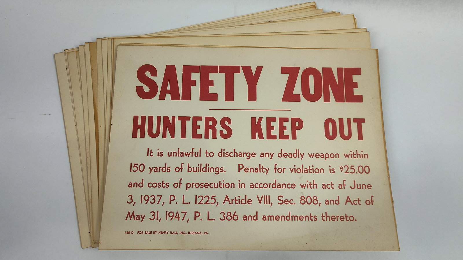 40-Safety Zone Hunters Keep Out cardboard signs: 30+ new old stock cardboard signs, a few show some spotting but most are good. 9in x 12in.