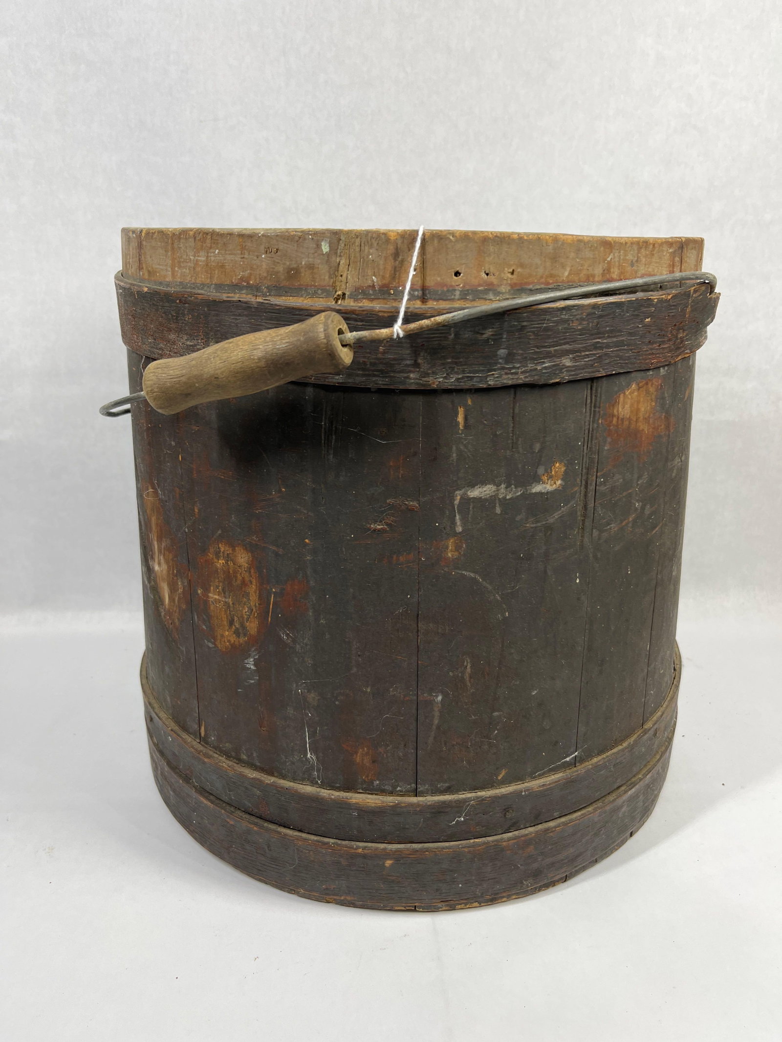 Primitive Stoved Well Bucket: Handle will need reattached. 14x13, with wood banding 