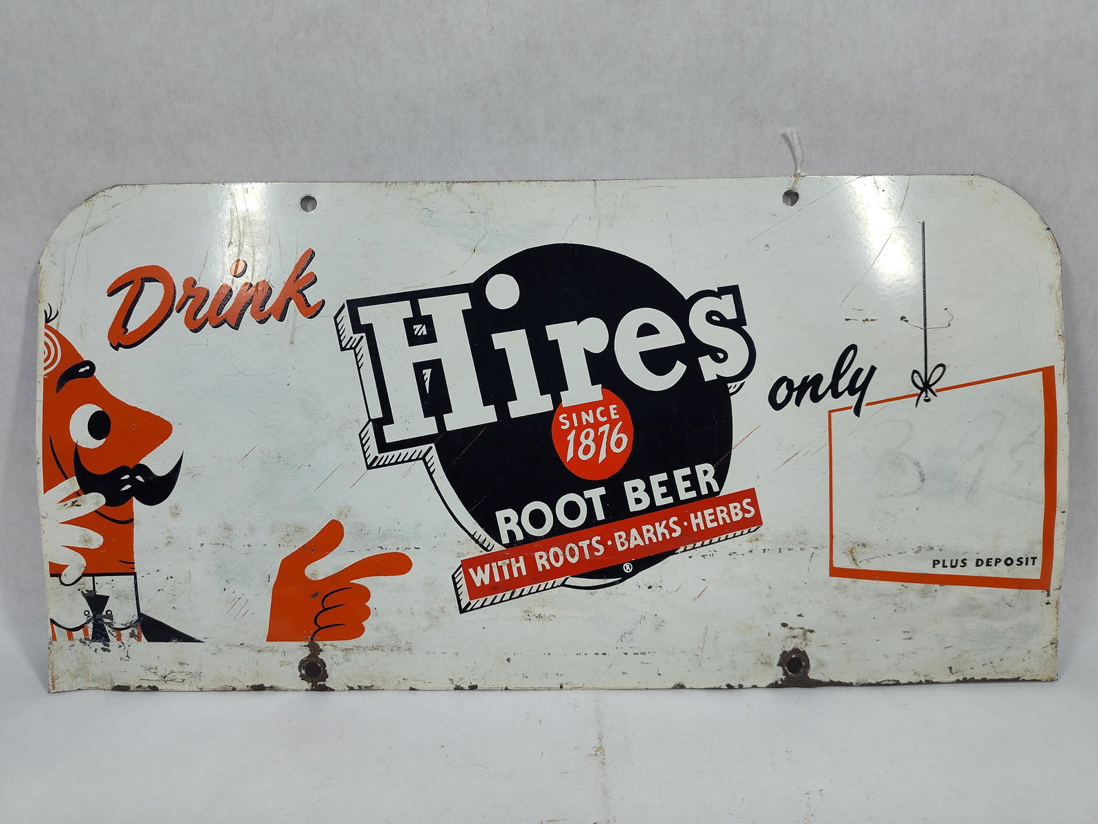 DST Hires Root Beer Shelf Topper sign: 2-sided painted metal topper sign. Believe bottom was flanged originally but has flattened, still displays well! 9in x 18in.