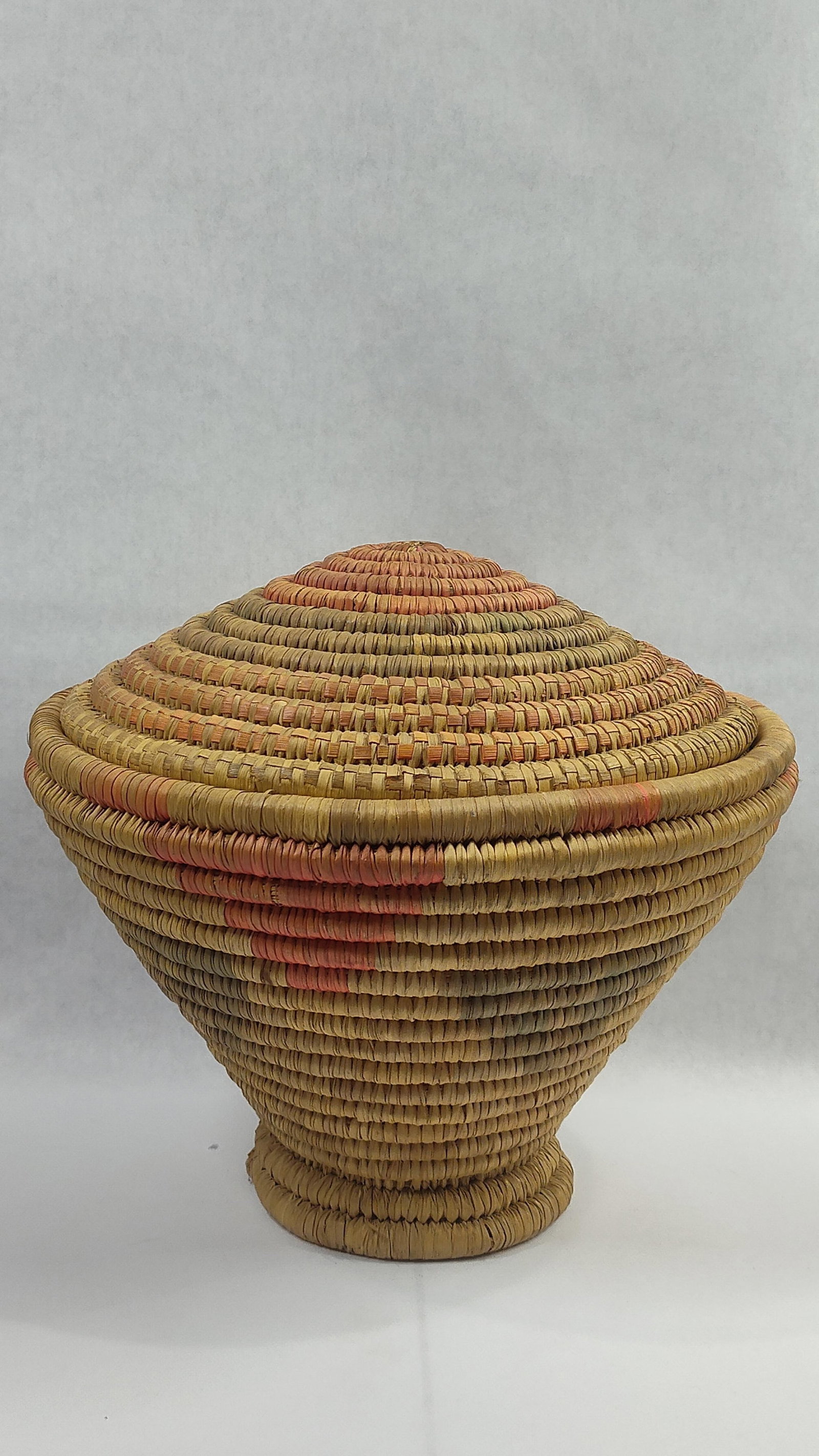 Coiled Ethiopian Tribal Lidded Basket: 8x10. Tightly woven with a fitted lid. 