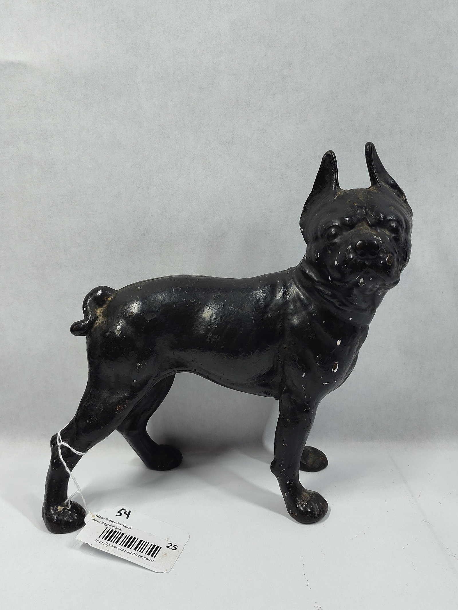 Painted Cast Iron Boston Terrier Dog Coin Bank: This cast iron coin bank is modeled in the form of a standing Boston Terrier, attributed to the Hubley Manufacturing Company. The figure is constructed of two joined halves, secured with a single
