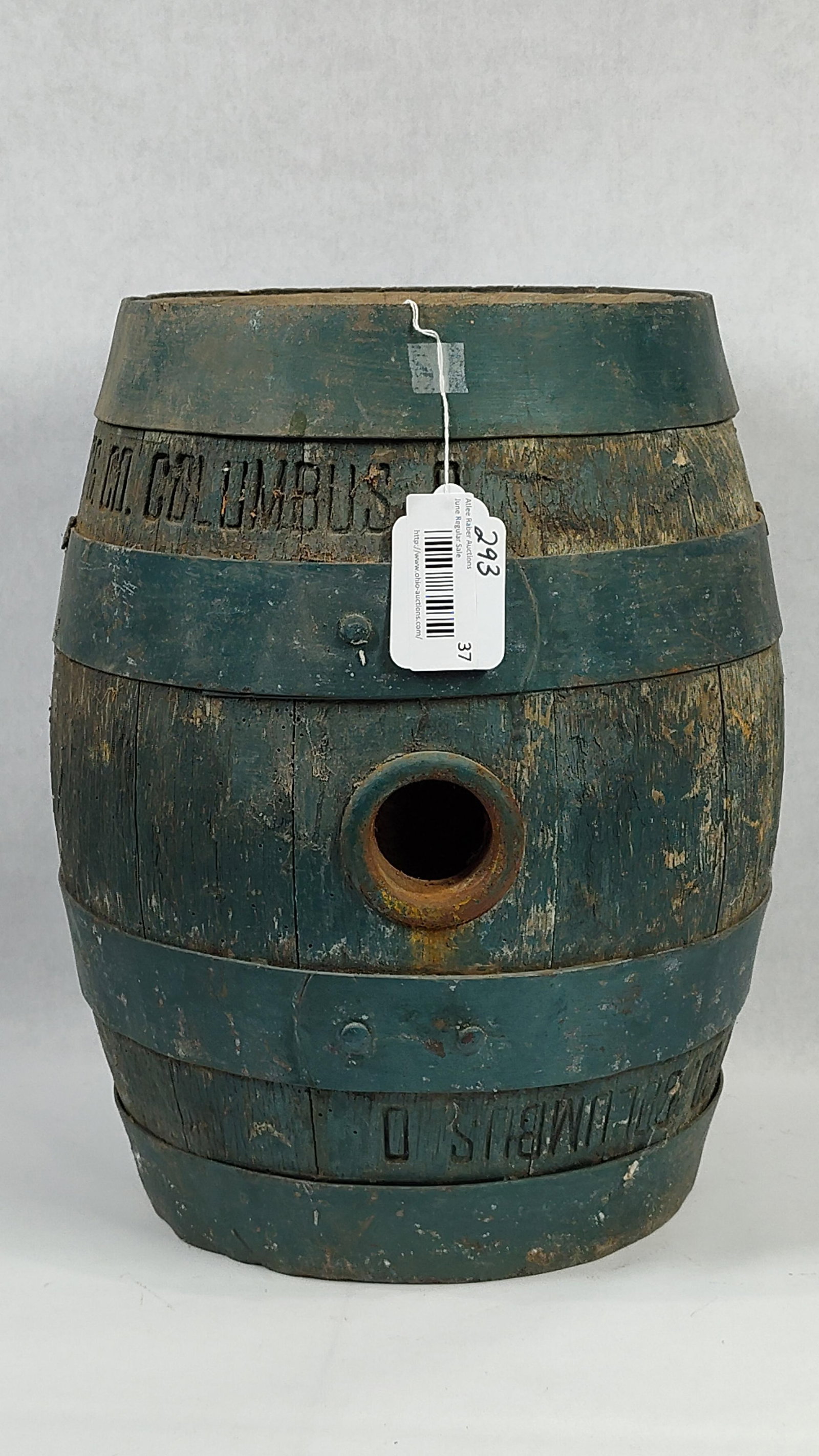 Antique Painted Wooden Beer Barrel for The Franklin Brewing Co., Columbus, Ohio: This antique wooden beer barrel is a pre-Prohibition era advertising piece produced for The Franklin Brewing Co. of Columbus, Ohio. The barrel is constructed of vertical wooden staves secured by four