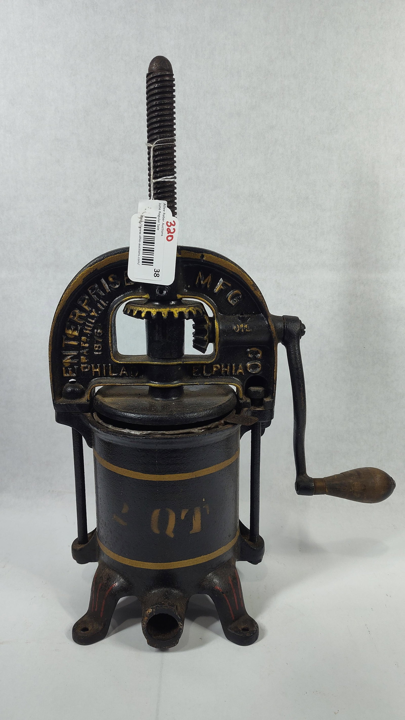 Enterprise Mfg. Co. 2-Quart Cast Iron Sausage Stuffer and Fruit Press: This is an antique 2-quart multi-purpose press manufactured by the Enterprise Manufacturing Company of Philadelphia, Pennsylvania. The unit is constructed from heavy cast iron with a black japanned