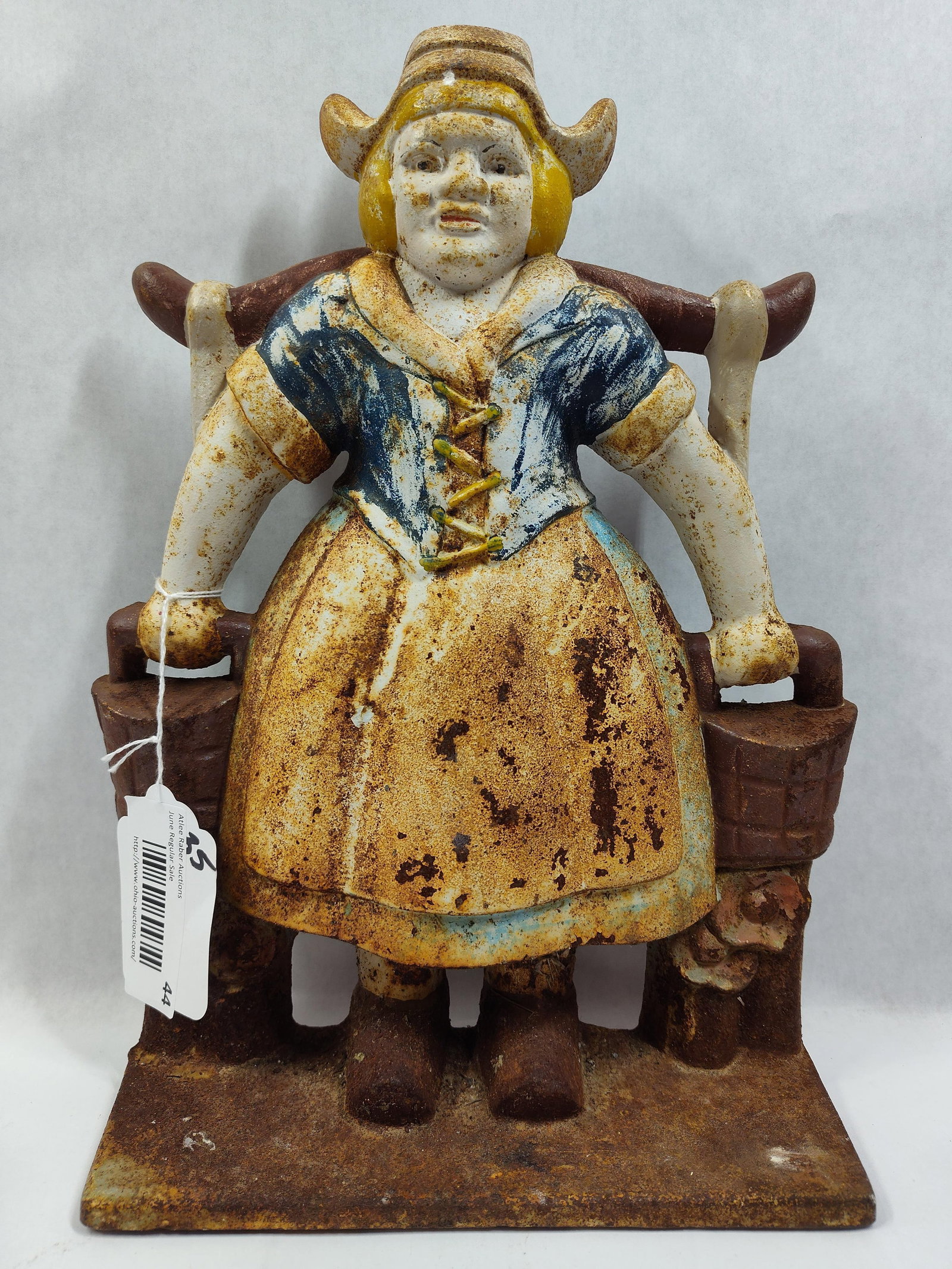 Antique Painted Cast Iron Dutch Girl with Buckets Doorstop, Marked CM 102 (1 of 5)