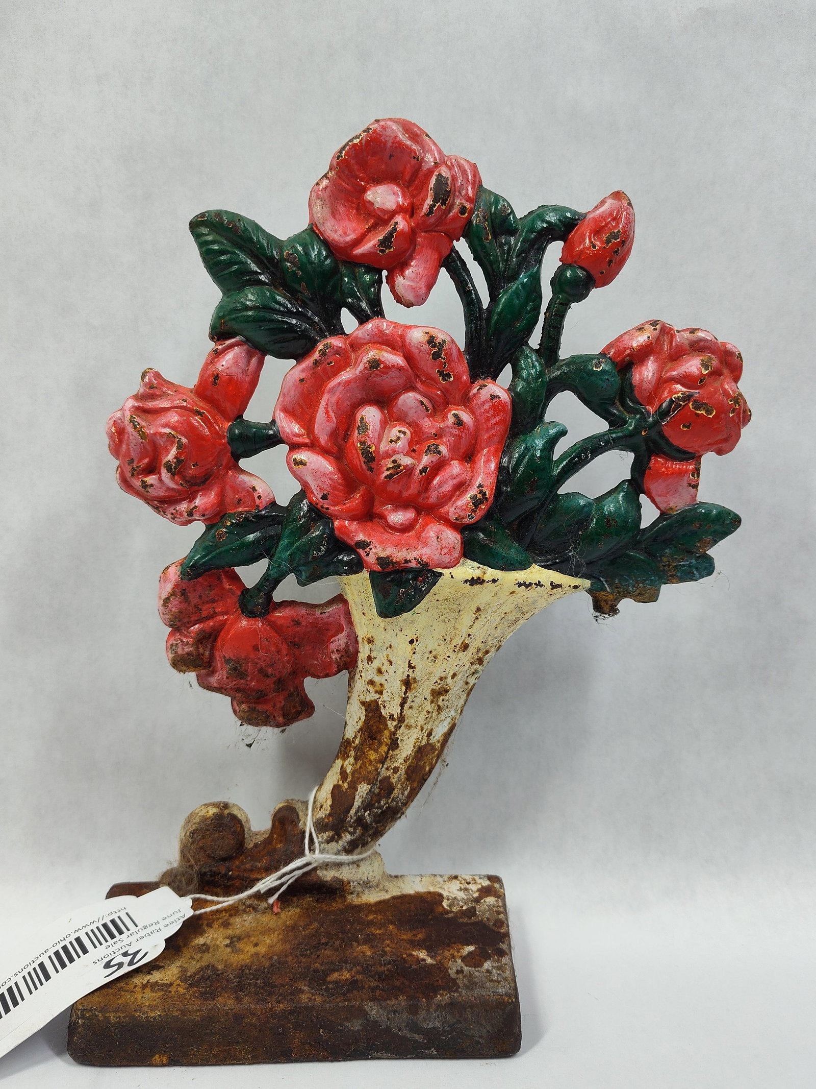 Antique American Painted Cast Iron Rose Bouquet Doorstop, Attributed to Hubley (1 of 4)