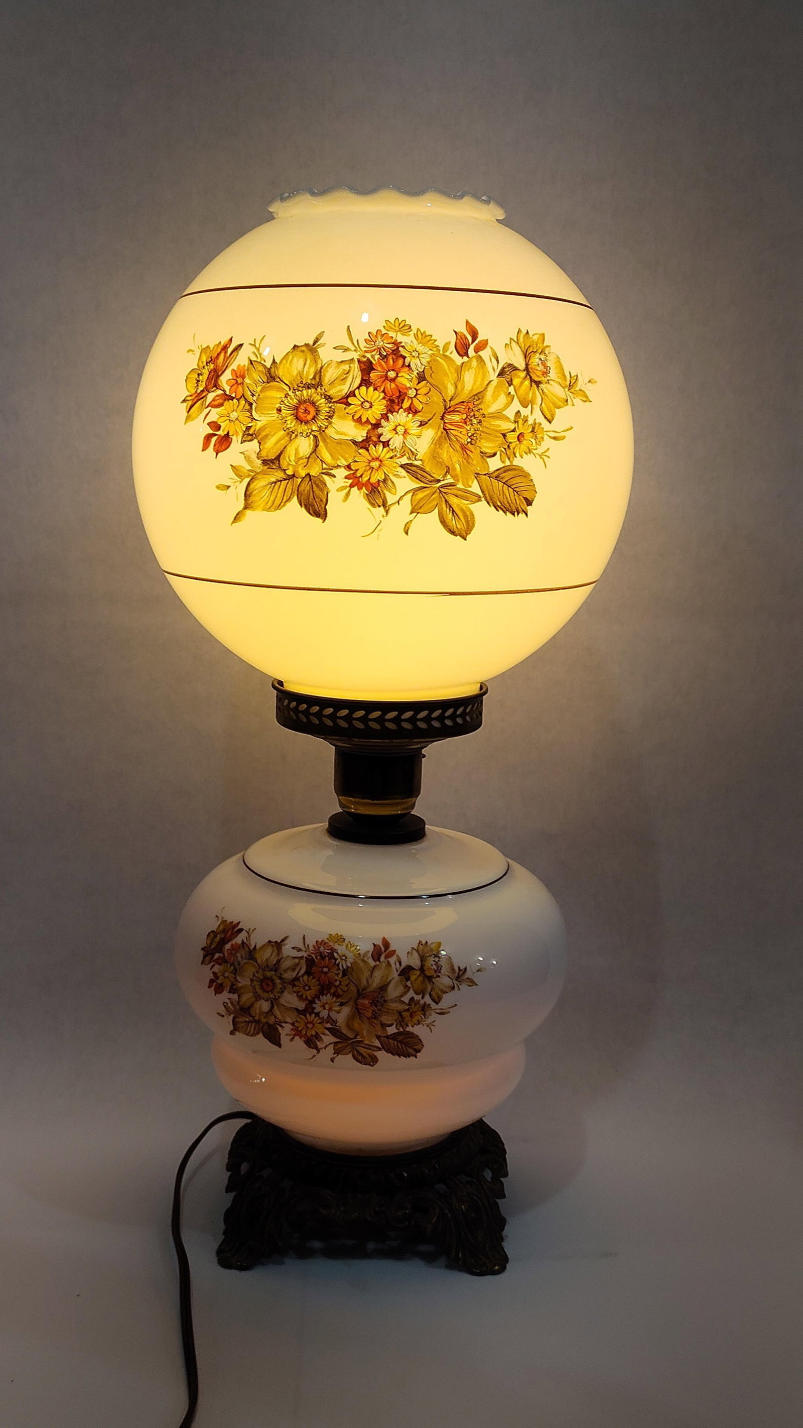 Floral Milk Glass 3-Way Hurricane Table Lamp (1 of 7)