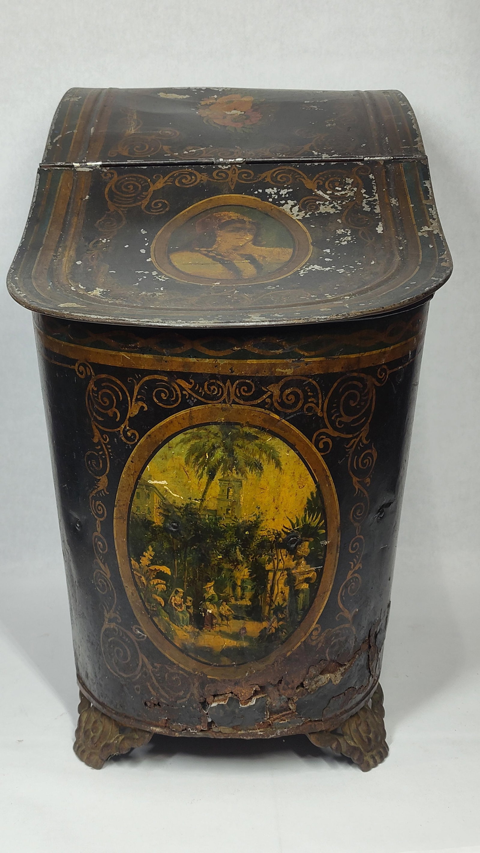 Victorian Japanned Toleware Coal Scuttle with Hand-Painted Vignettes (1 of 7)