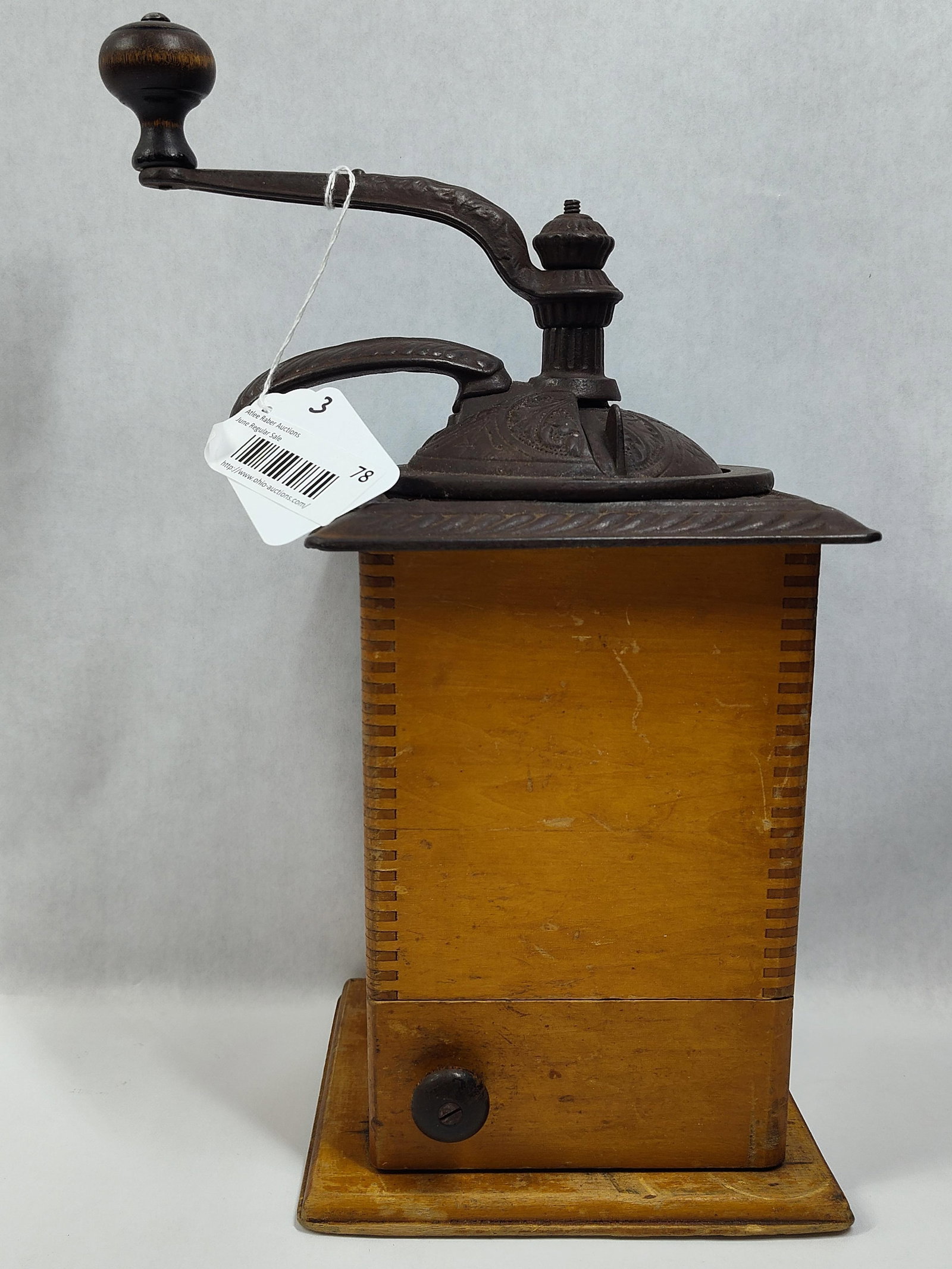 Antique Cast Iron and Box-Jointed Wood Coffee Mill Attributed to Arcade Manufacturing Company (1 of 6)