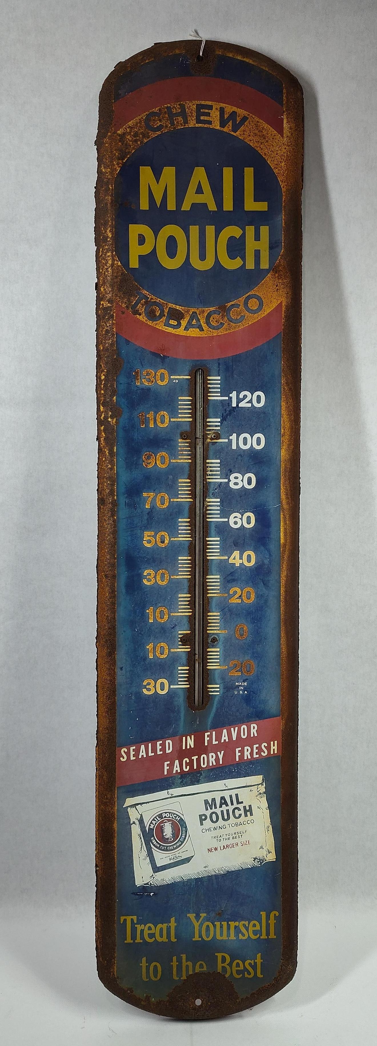 Mail Pouch Chewing Tobacco Painted Metal Advertising Thermometer, Dated 1949: Avertical advertising thermometer for Mail Pouch Chewing Tobacco, produced for the Bloch Brothers Tobacco Co. The sign is constructed from painted metal, likely steel or tin, with a glass thermometer 