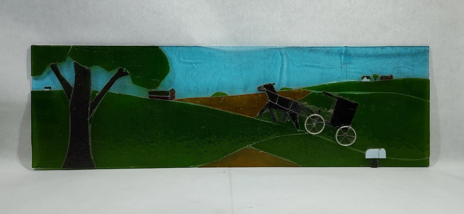 Fused Glass Amish Landscape Panel with Horse and Buggy (1 of 3)