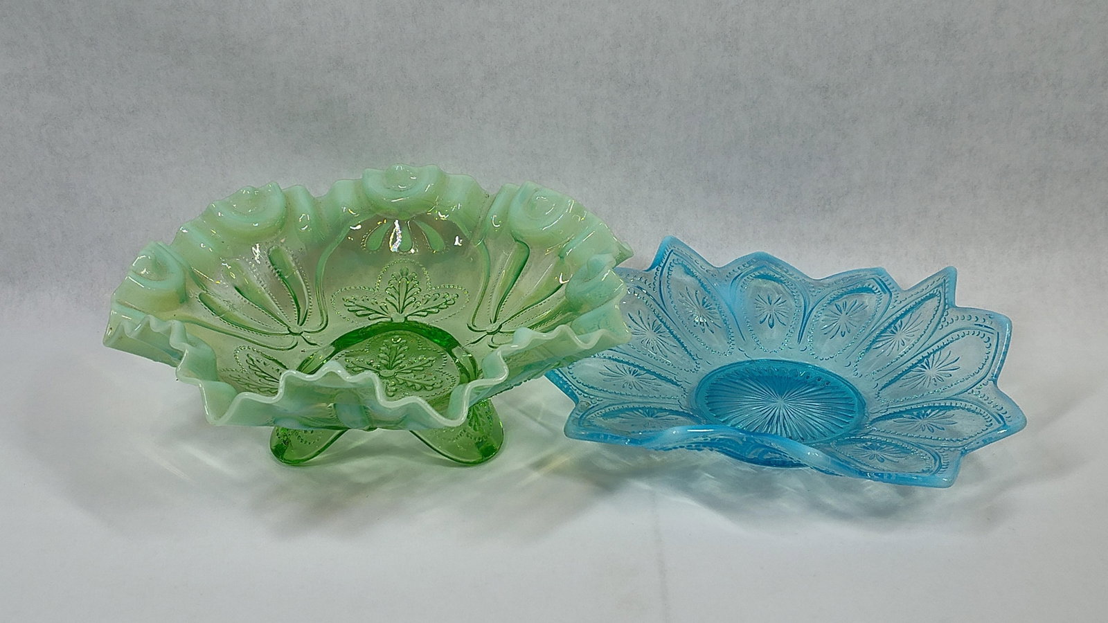 Two Pieces of American Early 20th-Century Green Opalescent and Blue Pressed Glass (1 of 5)