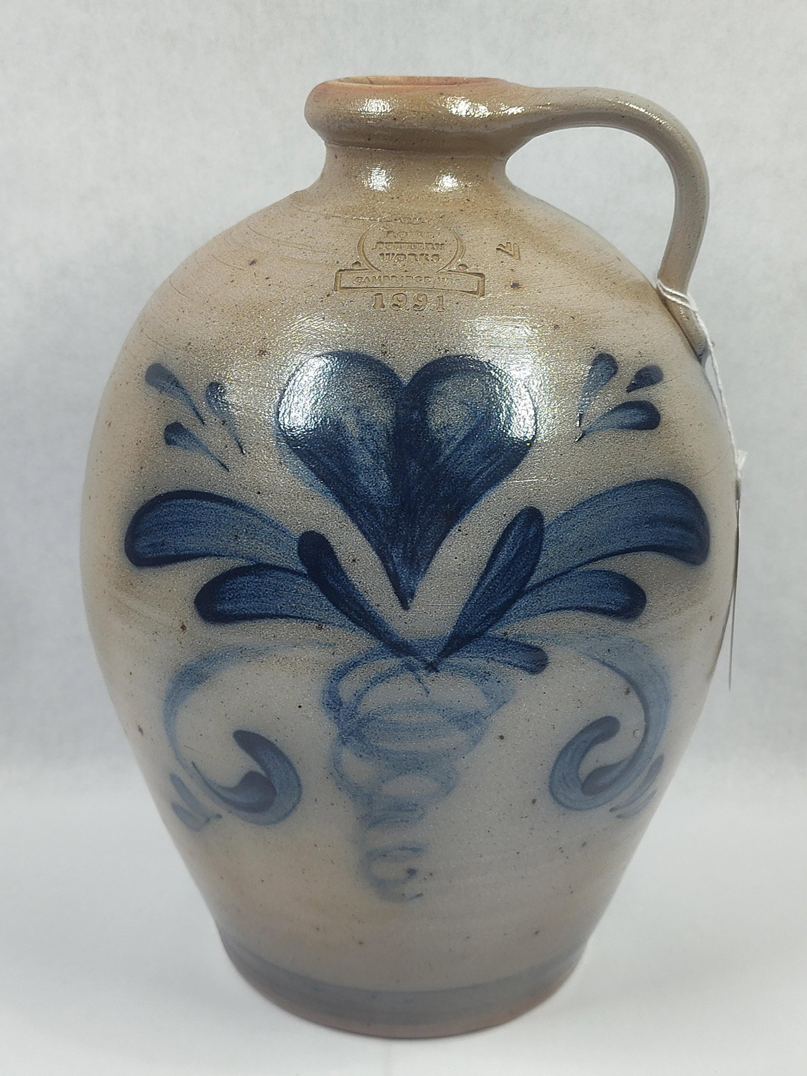 Rowe Pottery Works Salt-Glazed Stoneware Jug with Cobalt Heart Motif, 1991 (1 of 5)