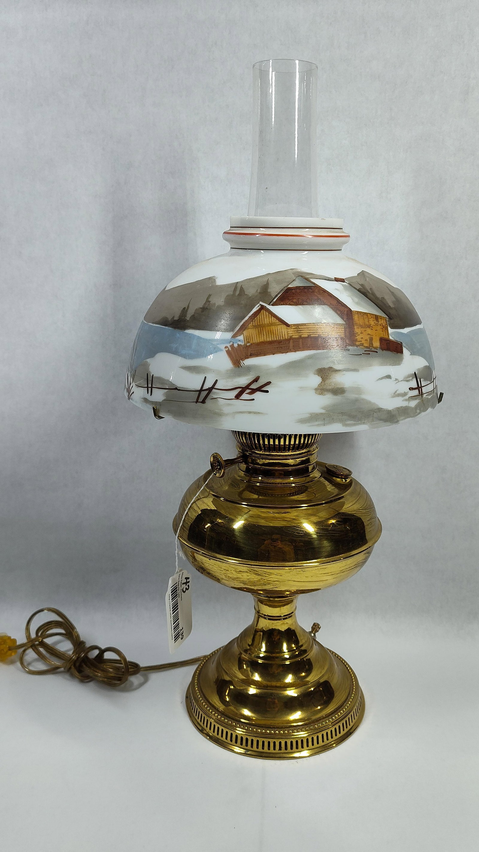 Mid-Century Brass-Tone Electric Table Lamp with Hand-Painted Winter Scene Milk Glass Shade (1 of 4)