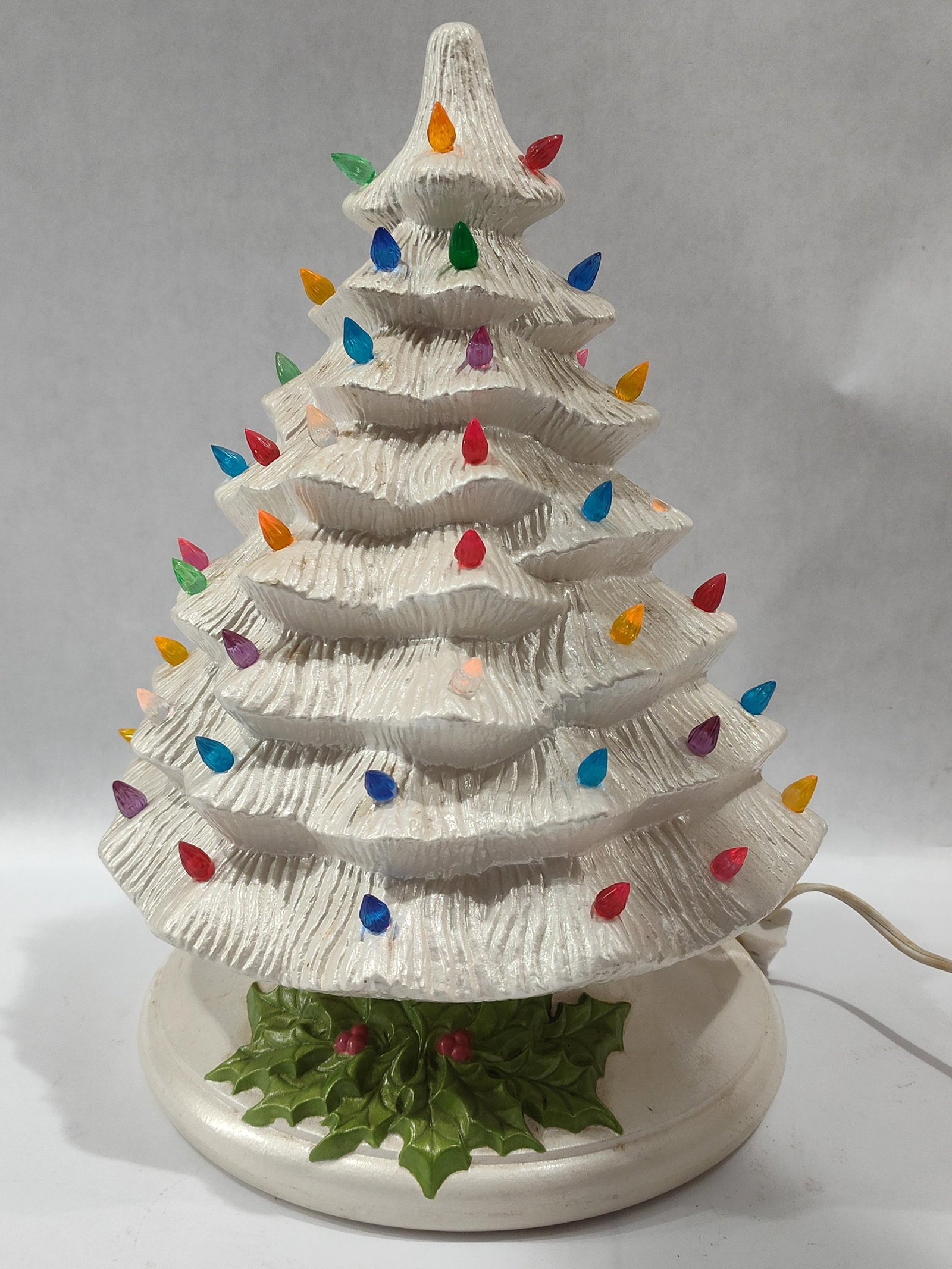 White Ceramic Christmas Tree with Holly Motif Base and Multi-Colored Plastic Pegs (1 of 3)