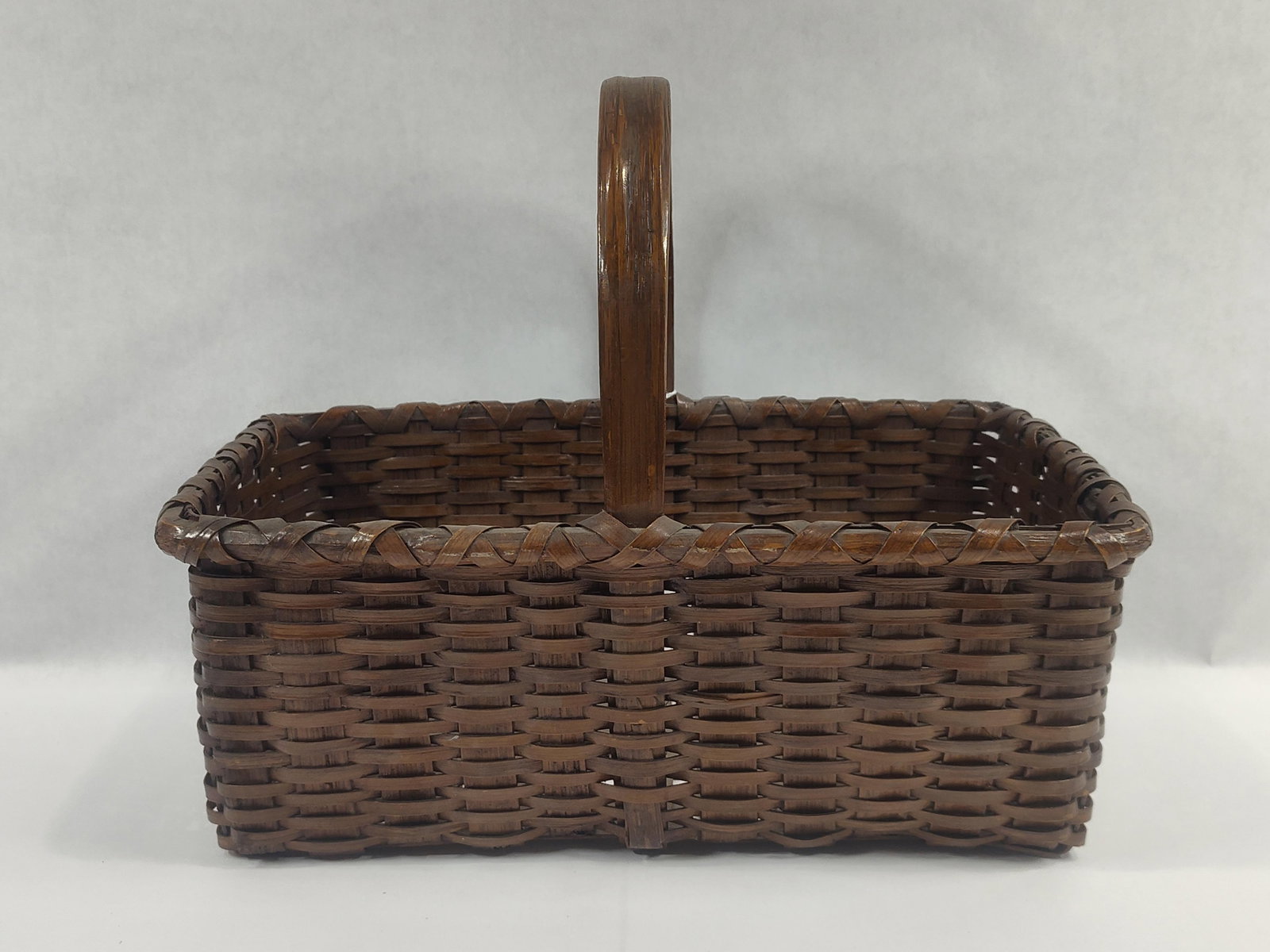 Rectangular Stained Wood Splint Gathering Basket with Bentwood Handle (1 of 4)
