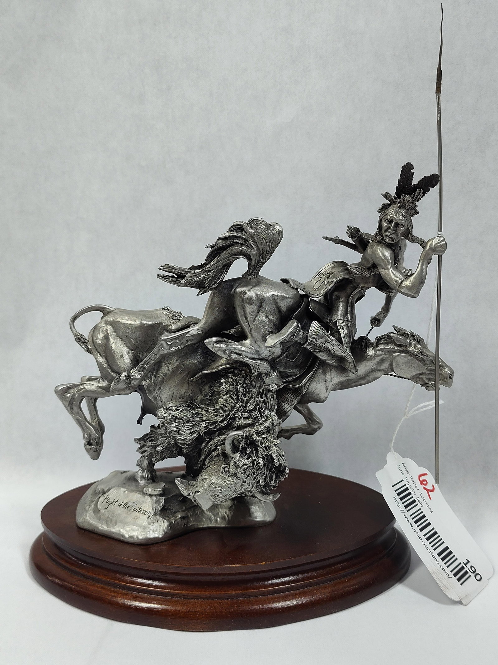 Michael Arden Boyett, Plight of the Huntsman, Chilmark Fine Pewter Sculpture, 1981: A 1981 fine pewter sculpture titled Plight of the Huntsman by artist Michael Arden Boyett, produced by Chilmark. This dynamic western scene depicts a Native American hunter leaping from his galloping 