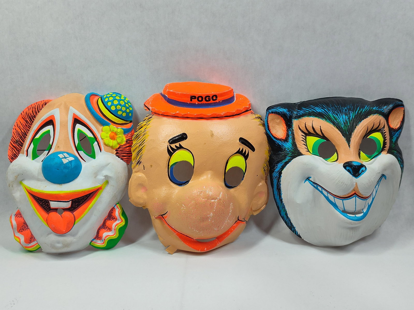 ThreeZest Soap Promotional Vacuformed Plastic Halloween Masks Including Pogo: A trio ofvacuformed plastic masks produced as promotional premiums for Zest soap bars, dating to the late 1960s and early 1970s. The group includes three distinct designs: a clown with a blue nose and