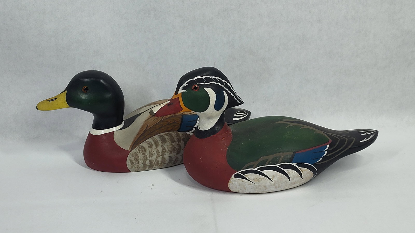 A Pair of Hand-Carved and Painted Wooden Duck Decoys by Marjorie Meier (1 of 7)
