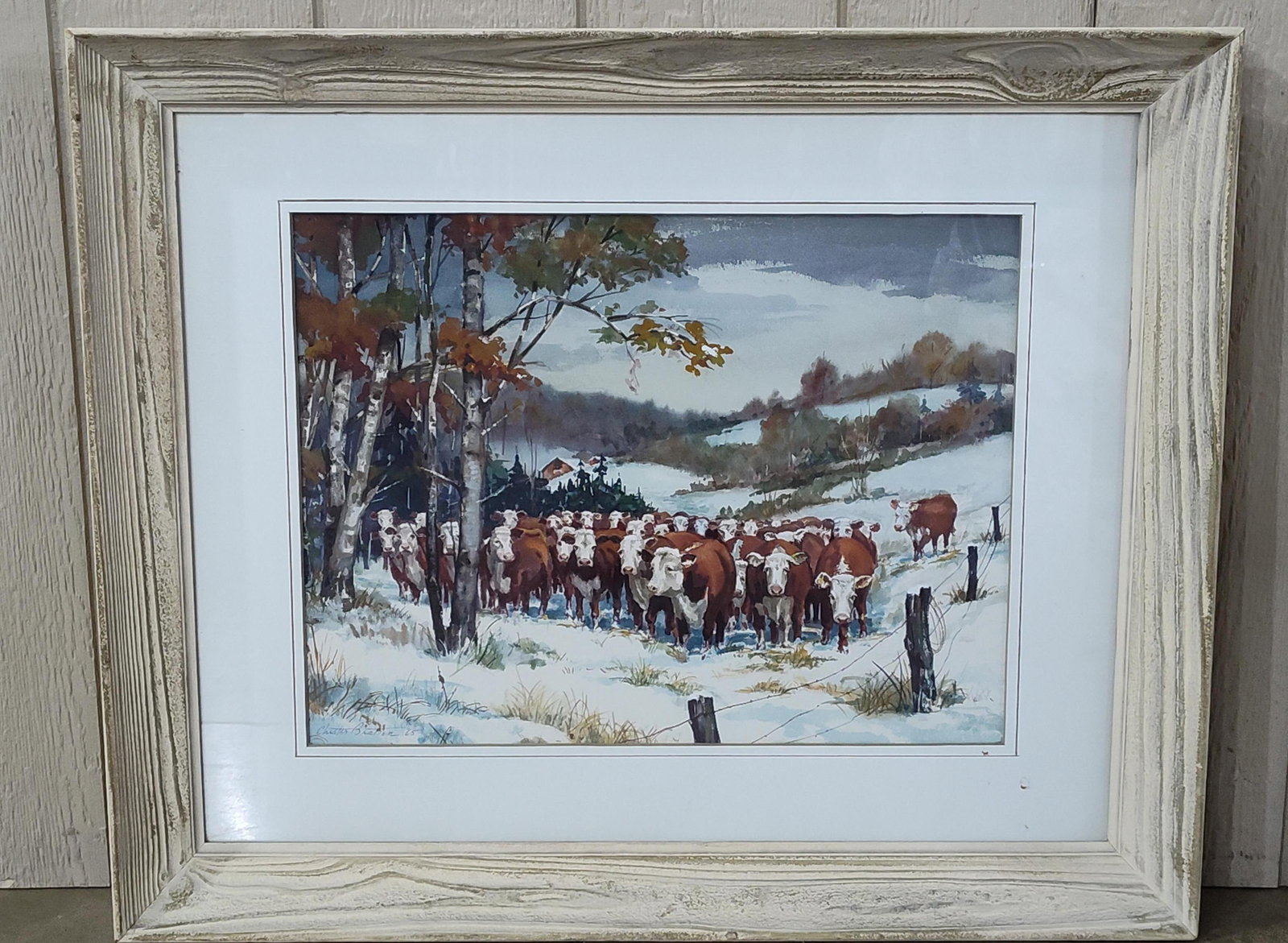 Chester Bratton (American, 20th Century), Early Snow, Watercolor on Paper, 1965: A mid-century American watercolor on paper titled Early Snow by Ohio artist Chester Bratton. The representational composition depicts a large herd of Hereford cattle gathered in a snowy clearing. To