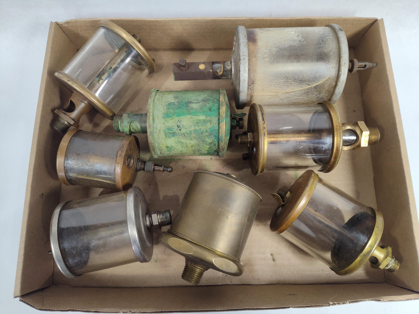 EightIndustrial Brass and Glass Sight-Feed Drip Oilers (1 of 3)
