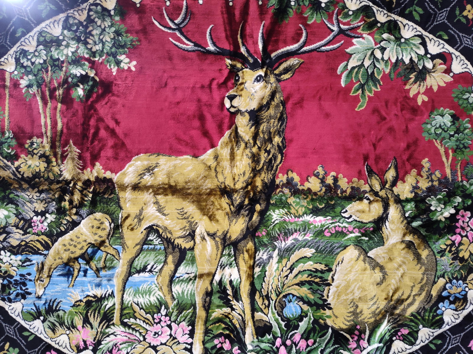 Mid-Century Plush Velvet Wall Tapestry with Deer Landscape Motif (1 of 3)