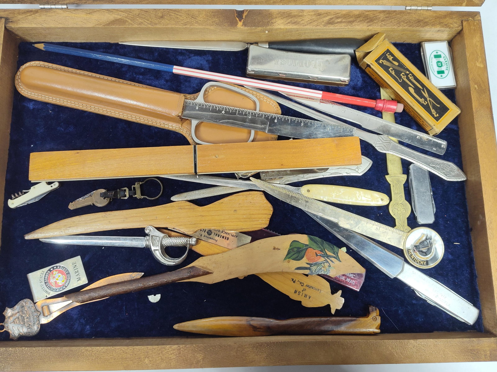 Advertising Novelties, Souvenirs, and Personal Accessories in a Wooden Display Case (1 of 6)