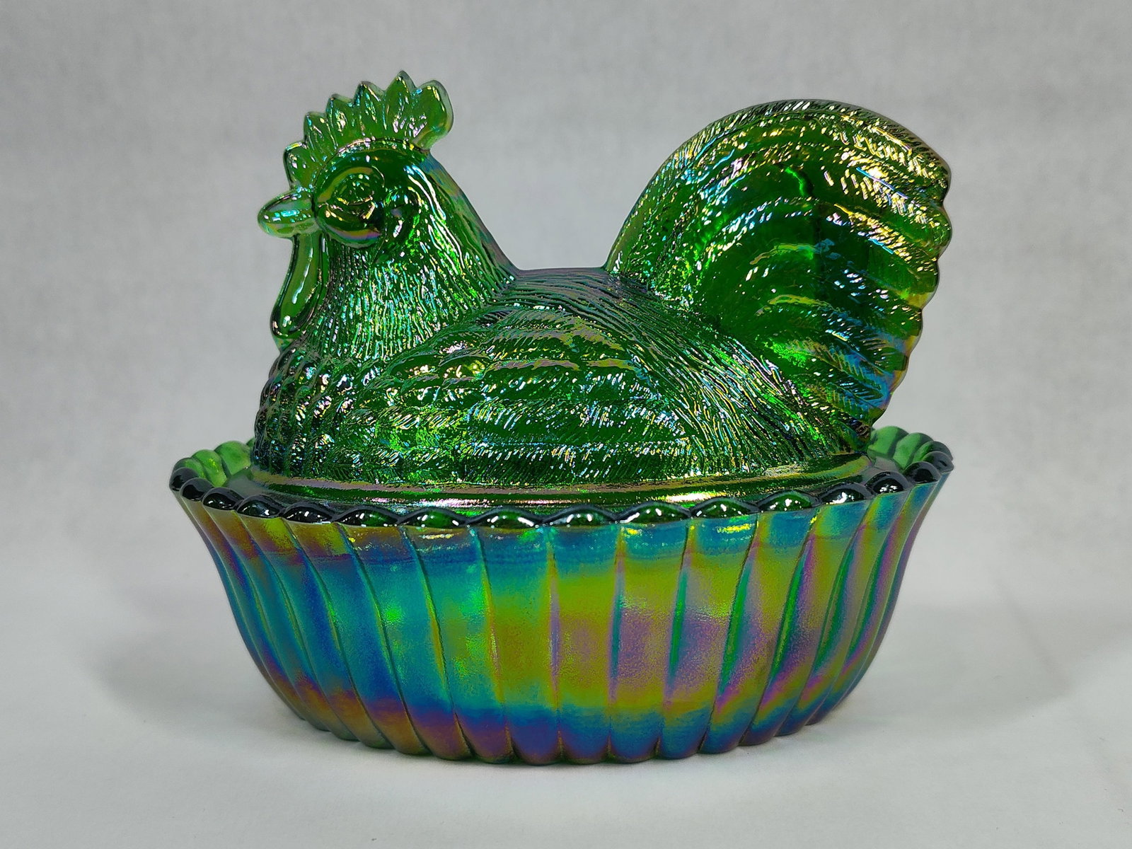 Imperial Glass Green Iridescent Carnival Glass Hen on Nest Covered Dish (1 of 4)