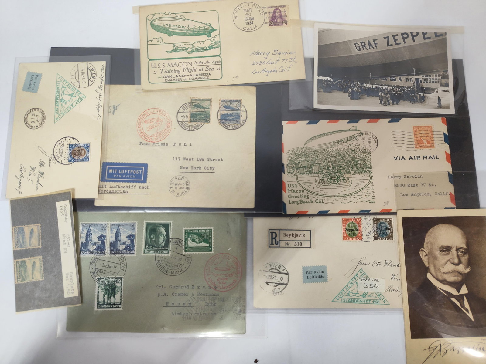Zeppelin and U.S. Navy Airship Philatelic Covers, Photographs, and Stamps. 1931-1936. (Signed): This collection of historical airship-related ephemera includes several philatelic flight covers, original photographs, and stamps primarily dating from 1931 to 1936. A significant item in the group i