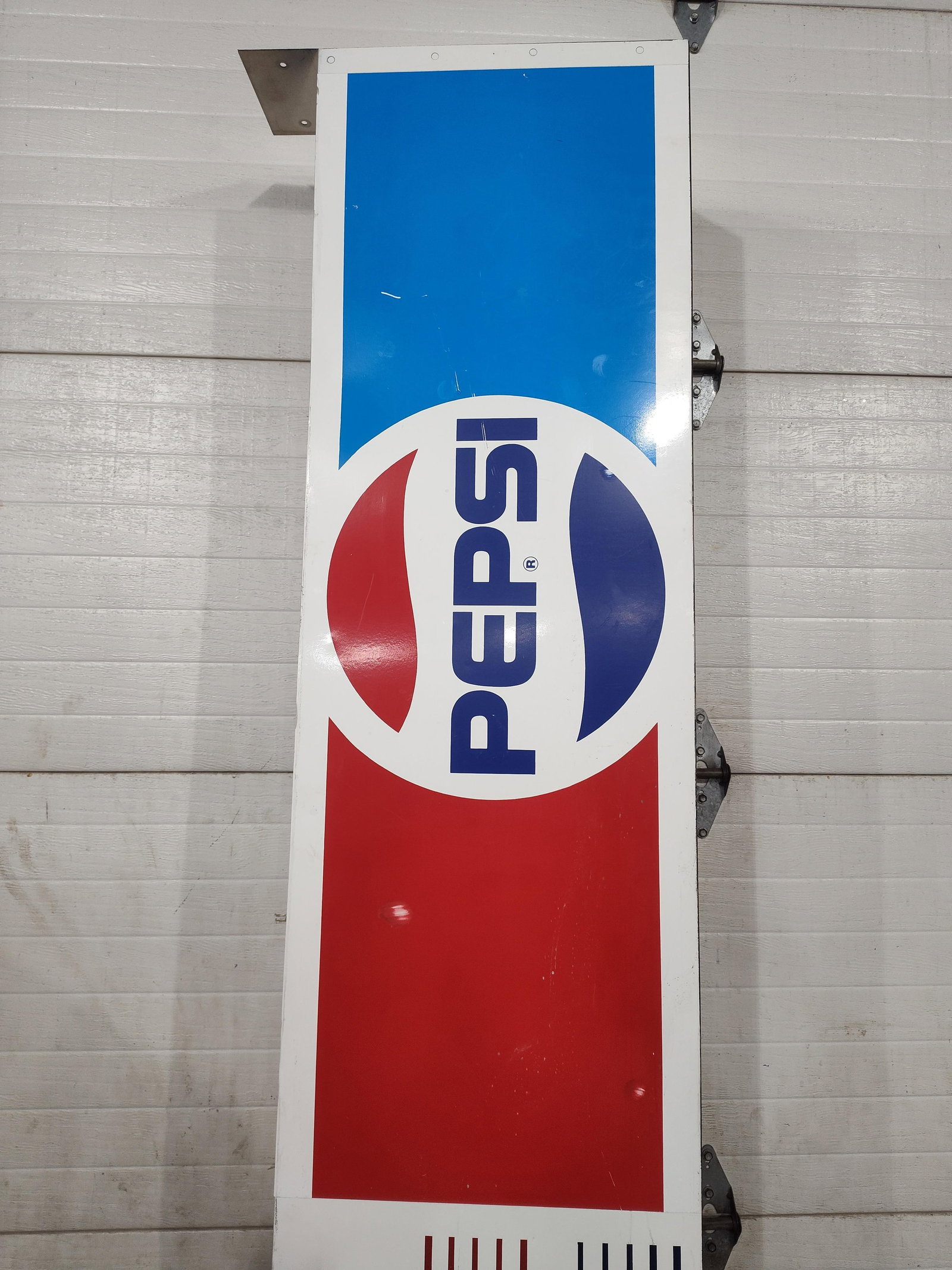 Pepsi and Diet Pepsi Metal Vending Machine Side Panel Advertising Sign: Thisadvertising sign is a large-scale metal side panel likely originating from a 1980s-era vending machine or retail beverage display. The piece is constructed as a tall, narrow rectangular column wit