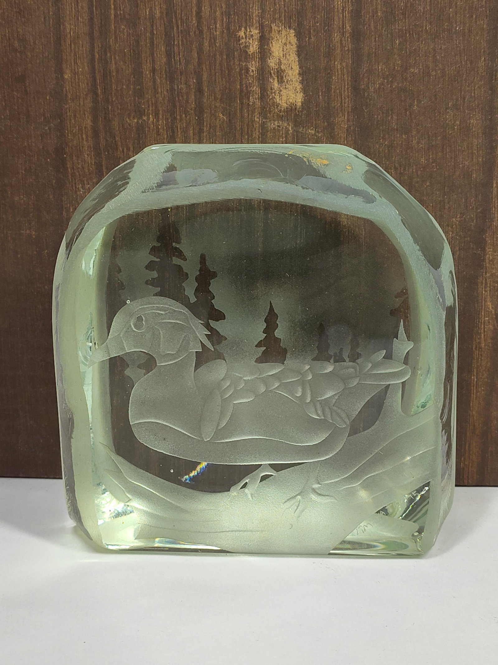 Mats Jonasson Maleras Swedish Lead Crystal Wood Duck Intaglio Glass Sculpture (1 of 4)