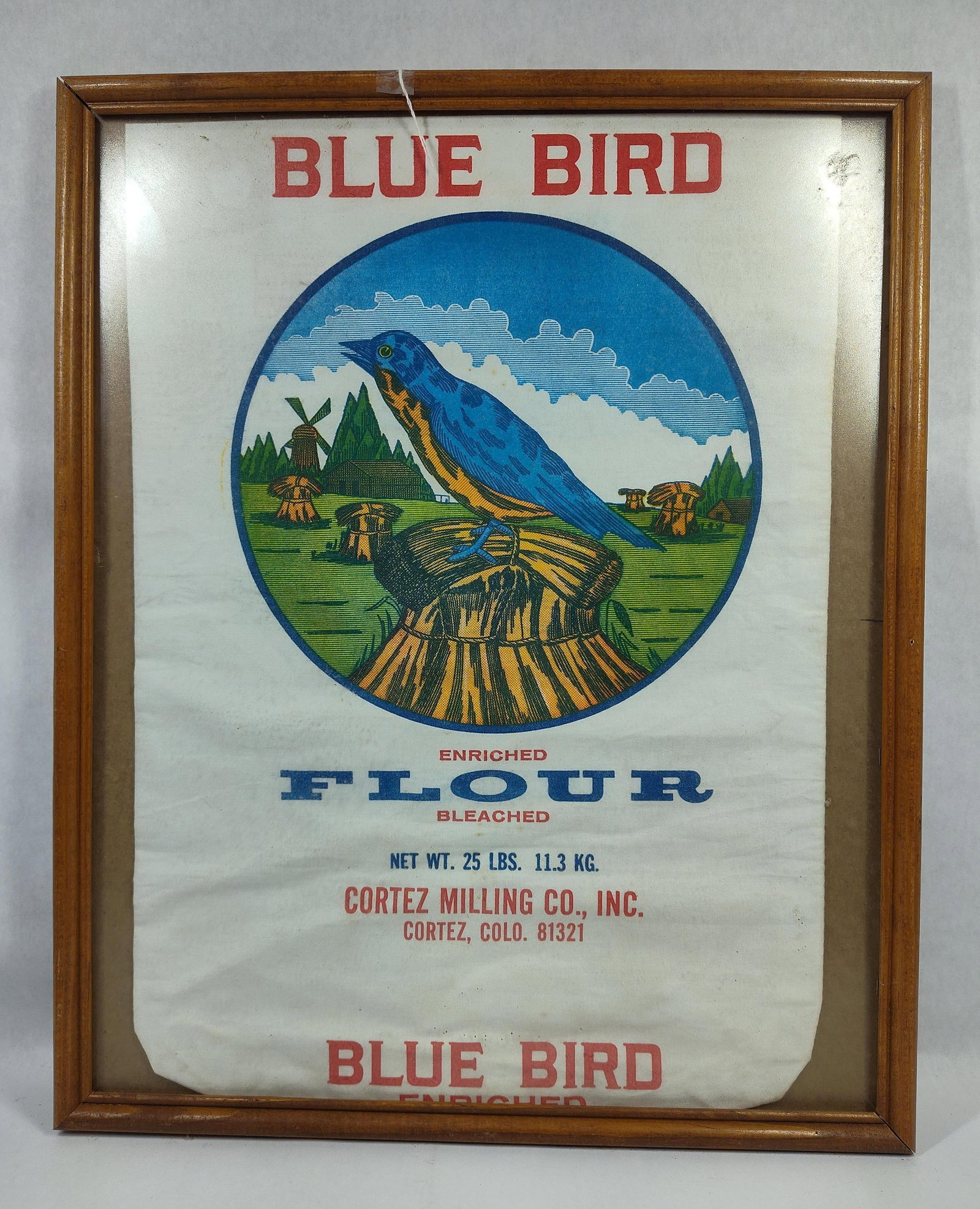 A Pair of Framed Blue Bird Flour Printed Cloth Sacks (1 of 3)