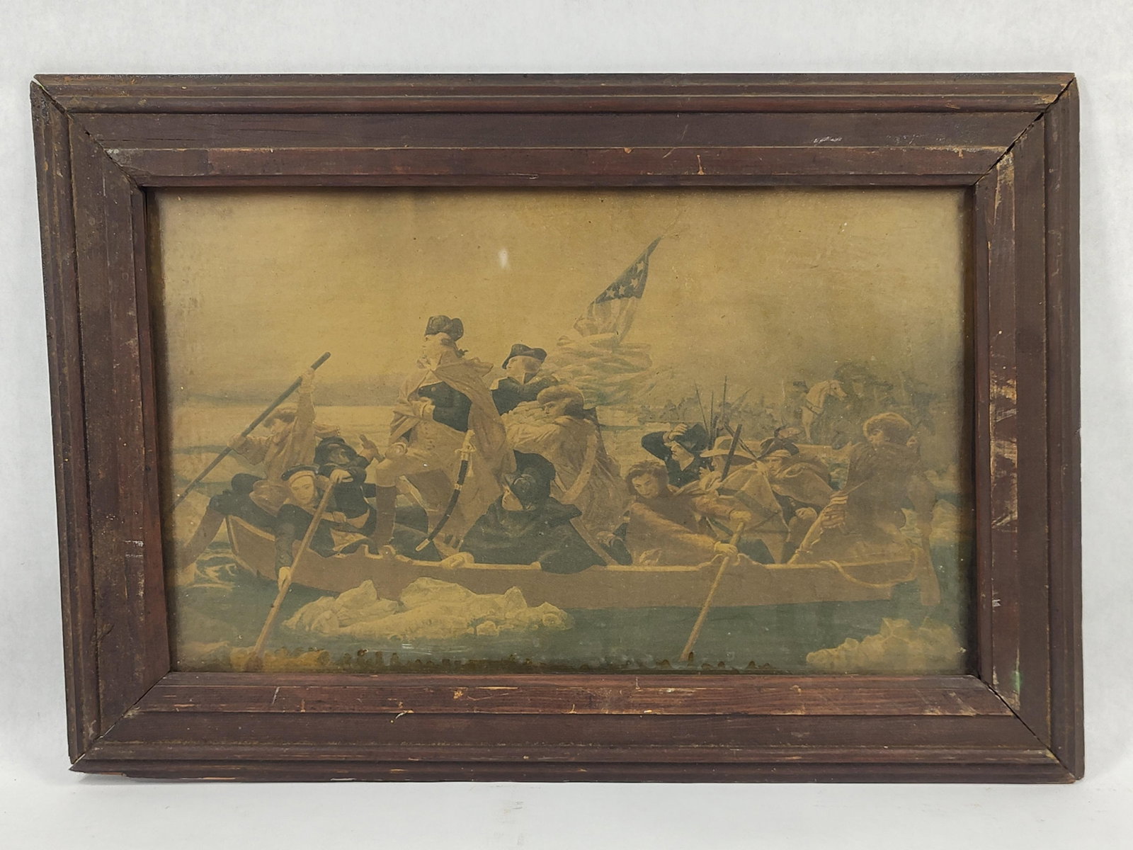 Antique Lithograph after Emanuel Leutze, Washington Crossing the Delaware: This antique lithograph is a reproduction of the iconic 1851 oil painting Washington Crossing the Delaware by Emanuel Leutze. The scene depicts General George Washington and his Continental Army troop