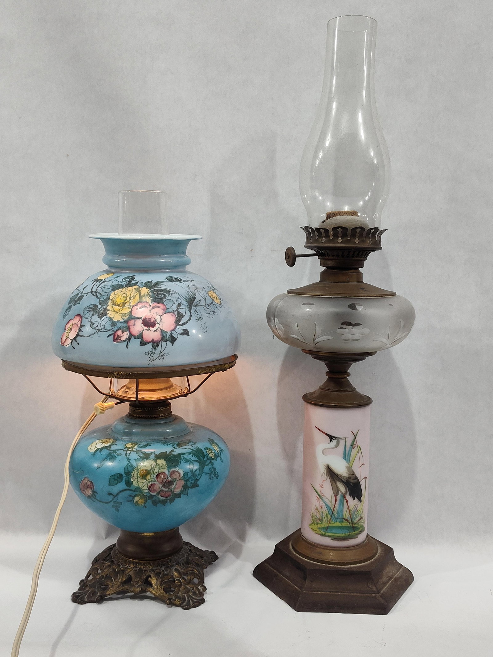 Two Victorian Style Glass Table Lamps including a Blue Painted Parlor Lamp and a Heron Motif Oil (1 of 6)