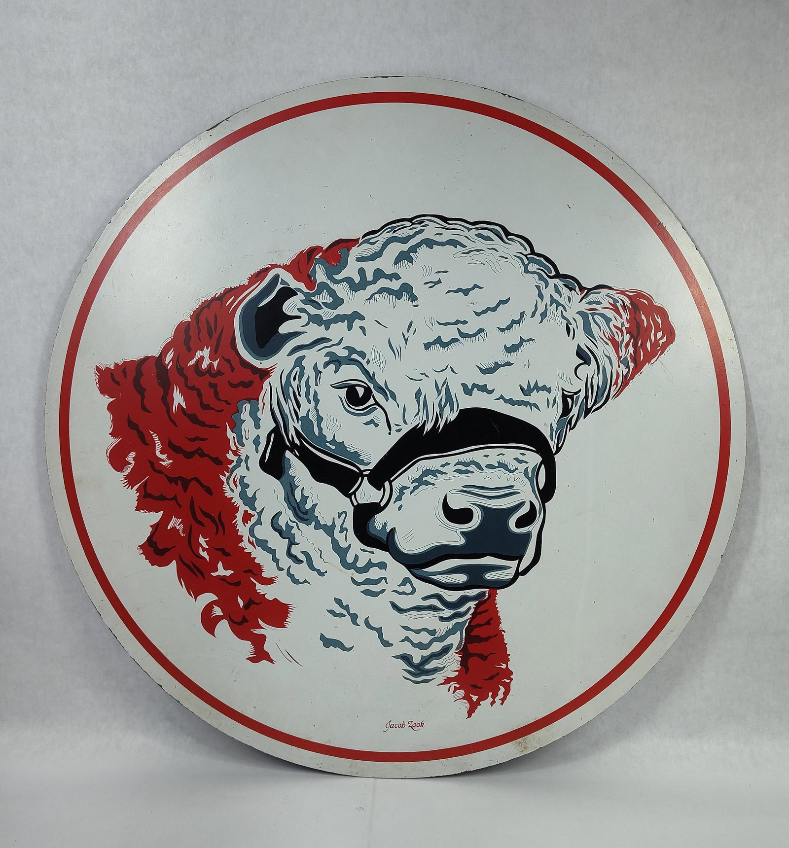 Jacob Zook Signed Hereford Bull Circular Masonite Sign (1 of 4)