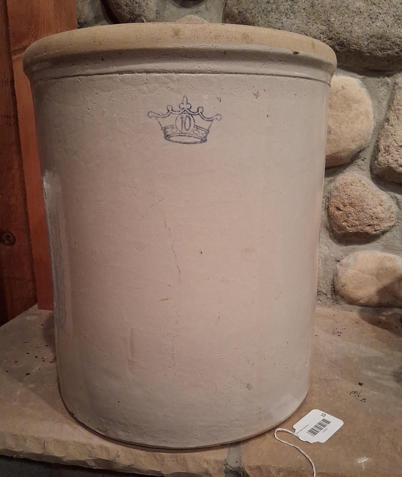 Robinson Ransbottom Blue Crown Stoneware Crock: This is a 10-gallon capacity stoneware utility crock manufactured by the Robinson Ransbottom Pottery Co. (RRP Co.) of Roseville, Ohio. The vessel features a large, straight-sided cylindrical form