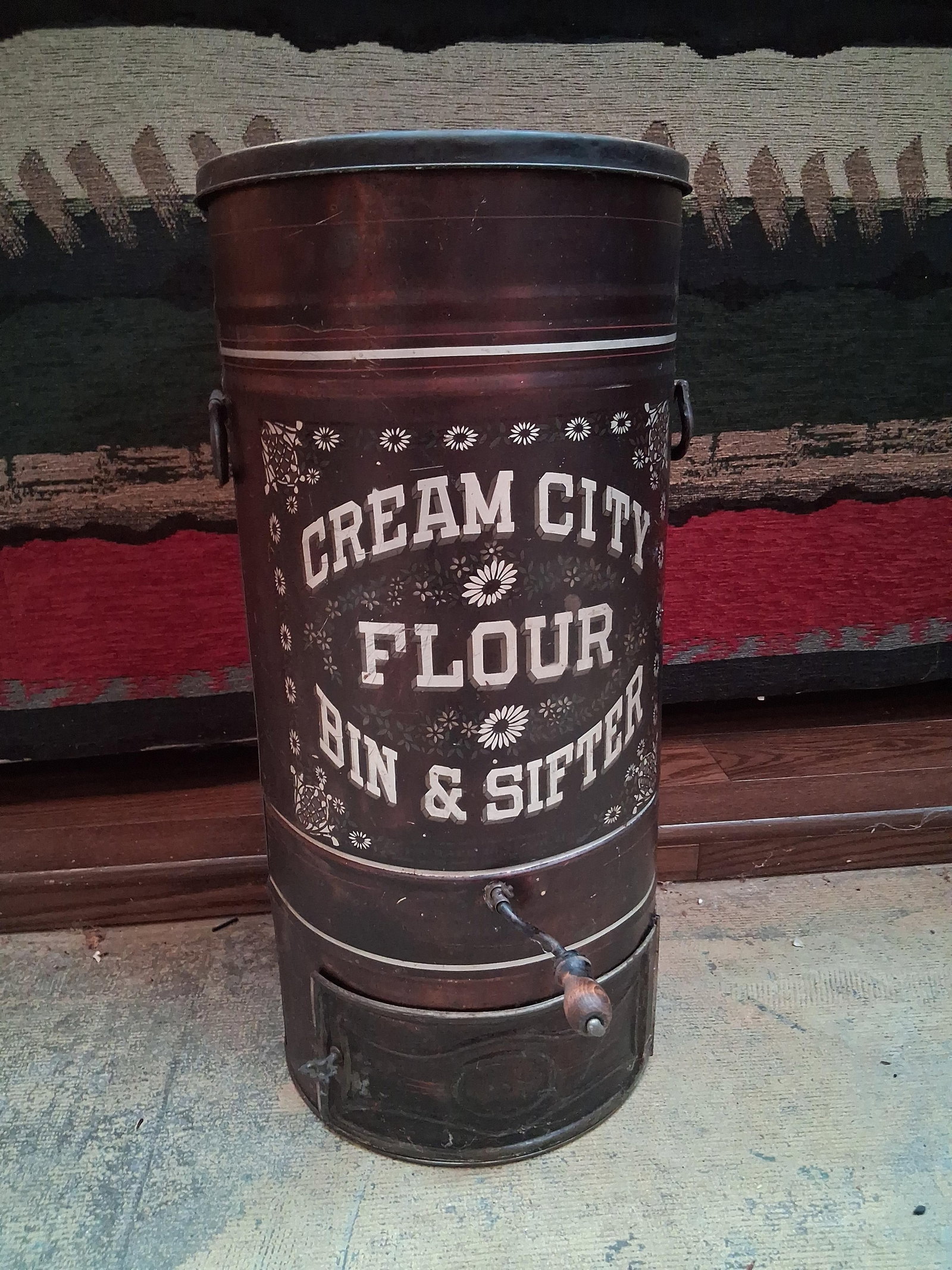 Cream City Galvanized Metal Flour Bin & Sifter: 50 inches long. A vintage Cream City flour bin and sifter, manufactured by the Geuder, Paeschke & Frey Co. of Milwaukee, Wisconsin. This cylindrical kitchen storage unit is constructed of galvanized