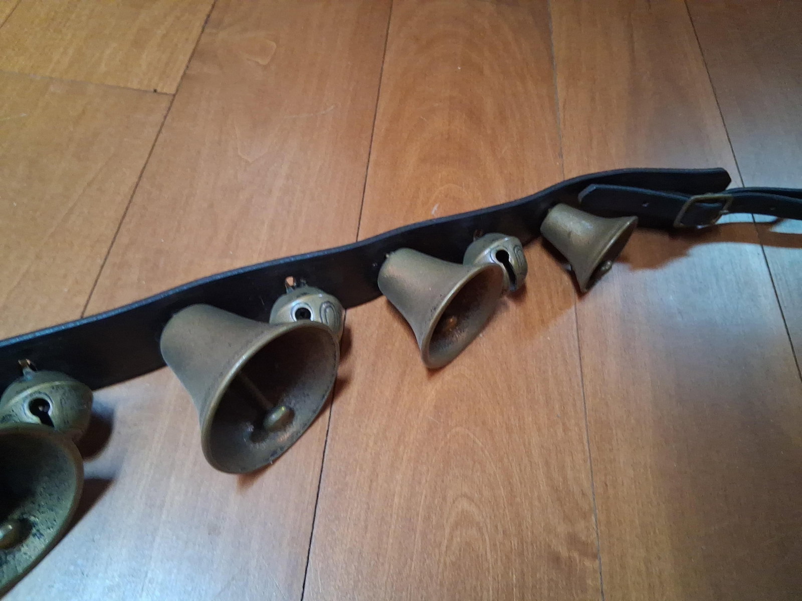 Antique Brass Horse Harness Shaft Bells on Leather (1 of 4)