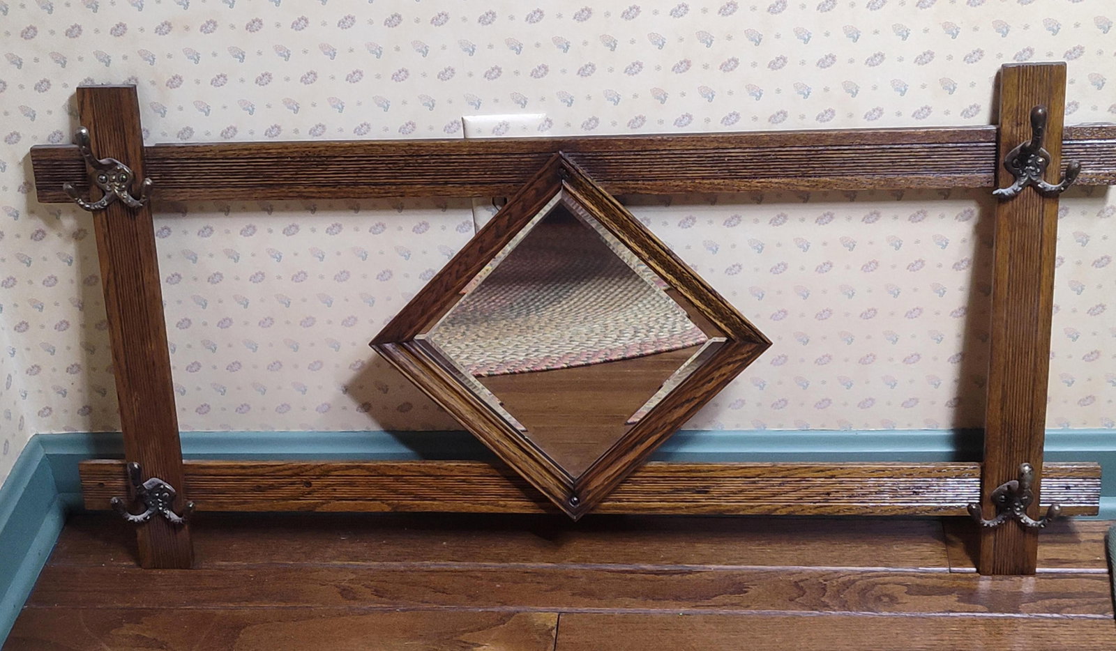 Arts & Crafts Stained Oak Hall Mirror & Coat Rack (1 of 4)