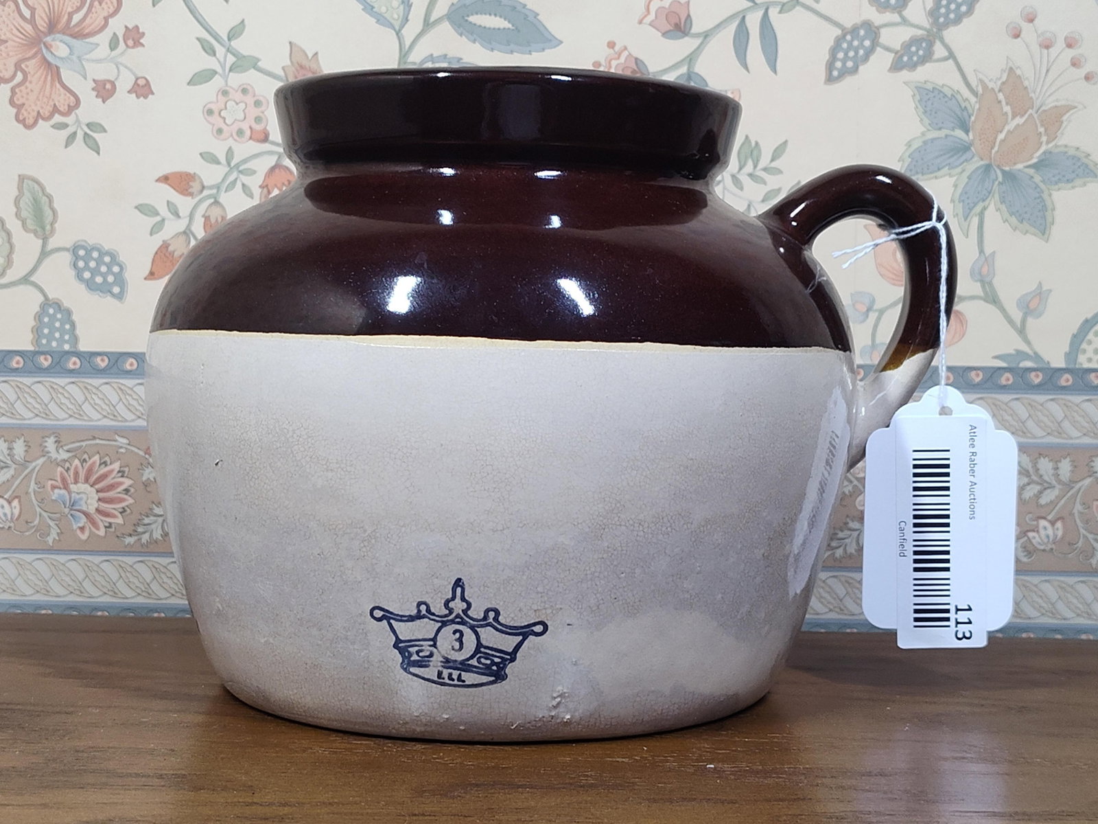 Robinson Ransbottom Durgin-Park Stoneware Bean Pot: This two-tone stoneware advertising bean pot was manufactured by the Robinson Ransbottom Pottery Company (RRP Co.) of Roseville, Ohio. The vessel features a bulbous body with a wide, collared rim and