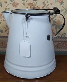 Antique White Enamelware Pitcher w/ Wood Grip
