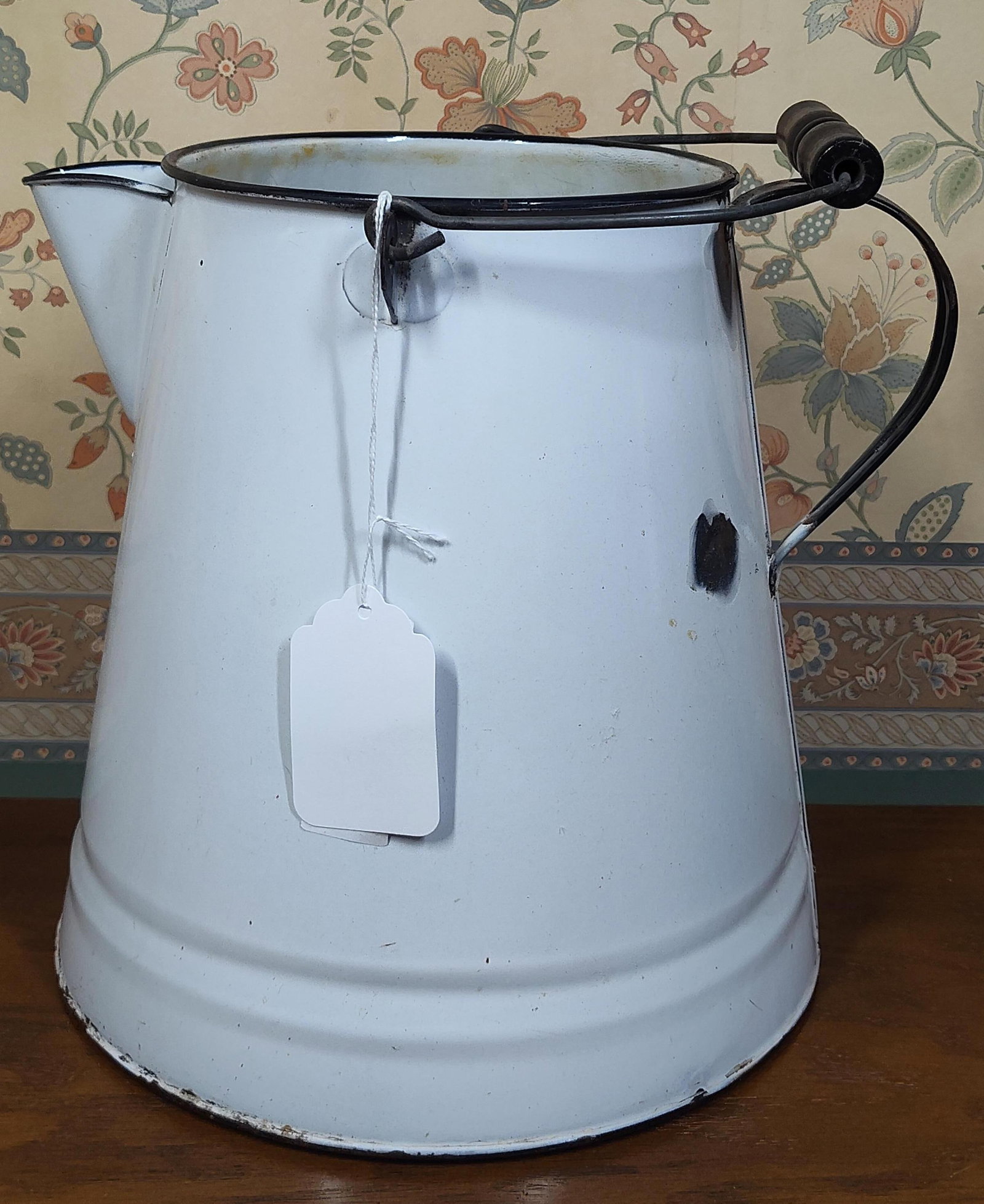 Antique White Enamelware Pitcher w/ Wood Grip (1 of 5)