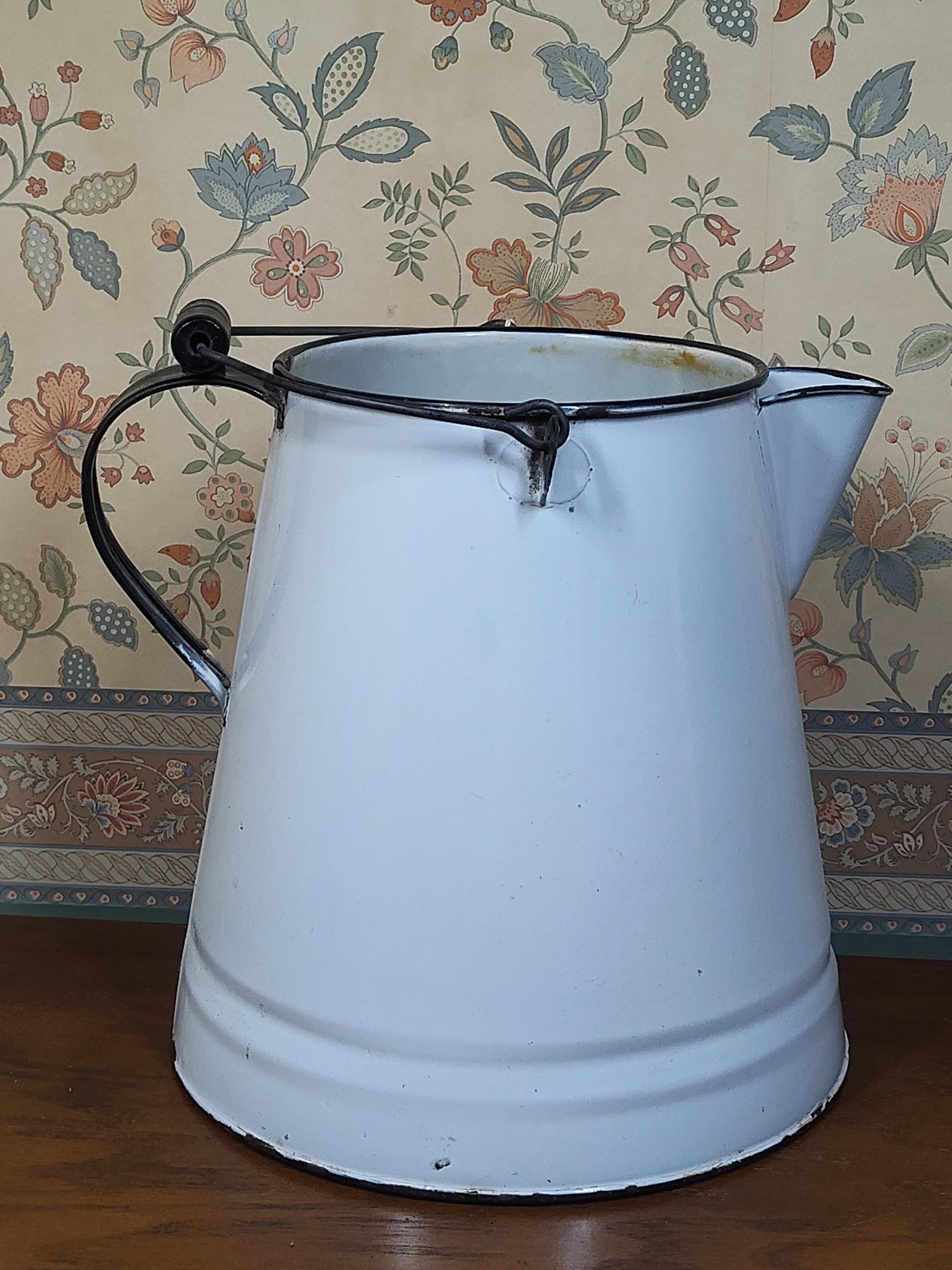 Antique White Enamelware Pitcher w/ Wood Grip - 4