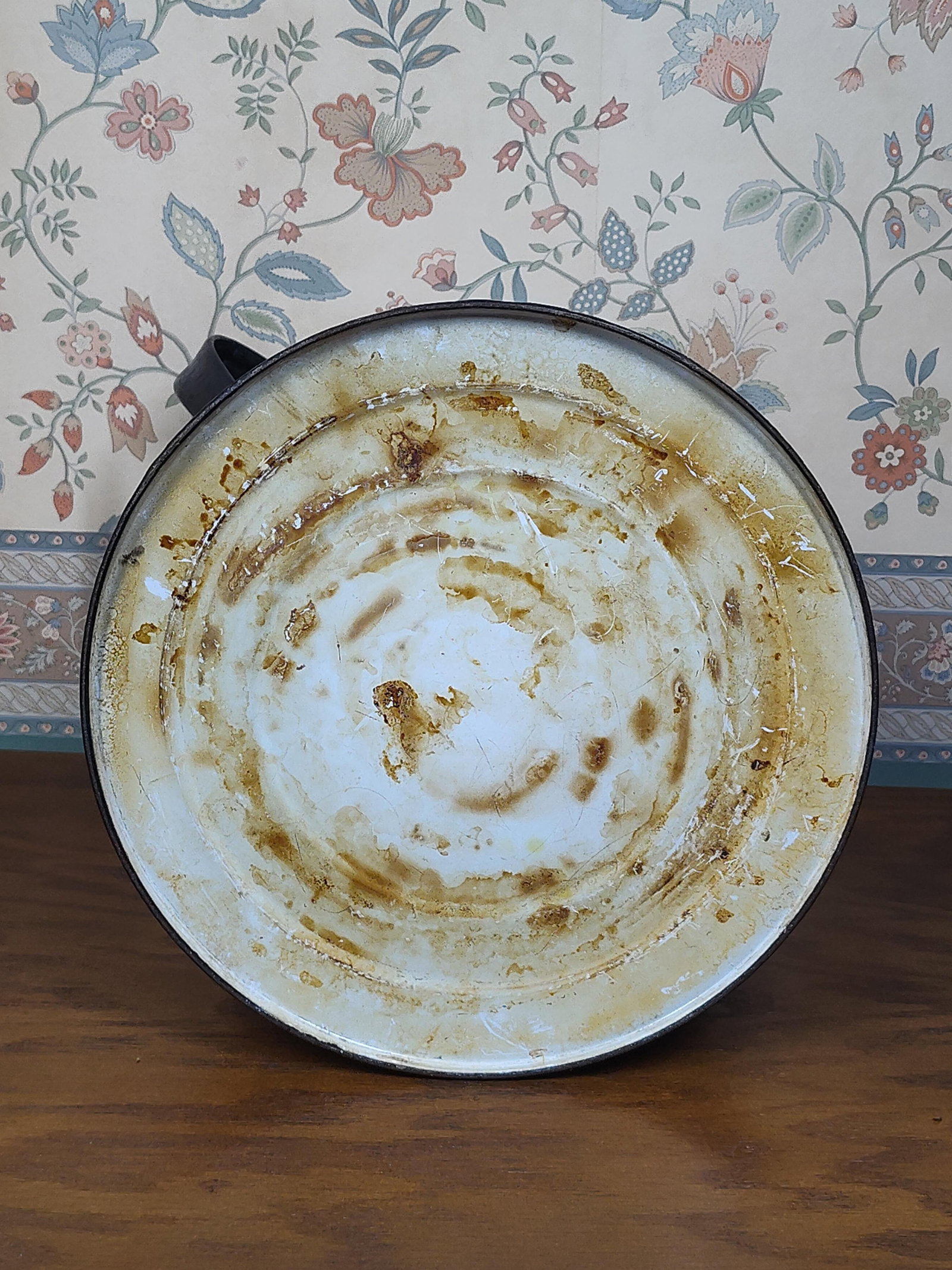 Antique White Enamelware Pitcher w/ Wood Grip - 5