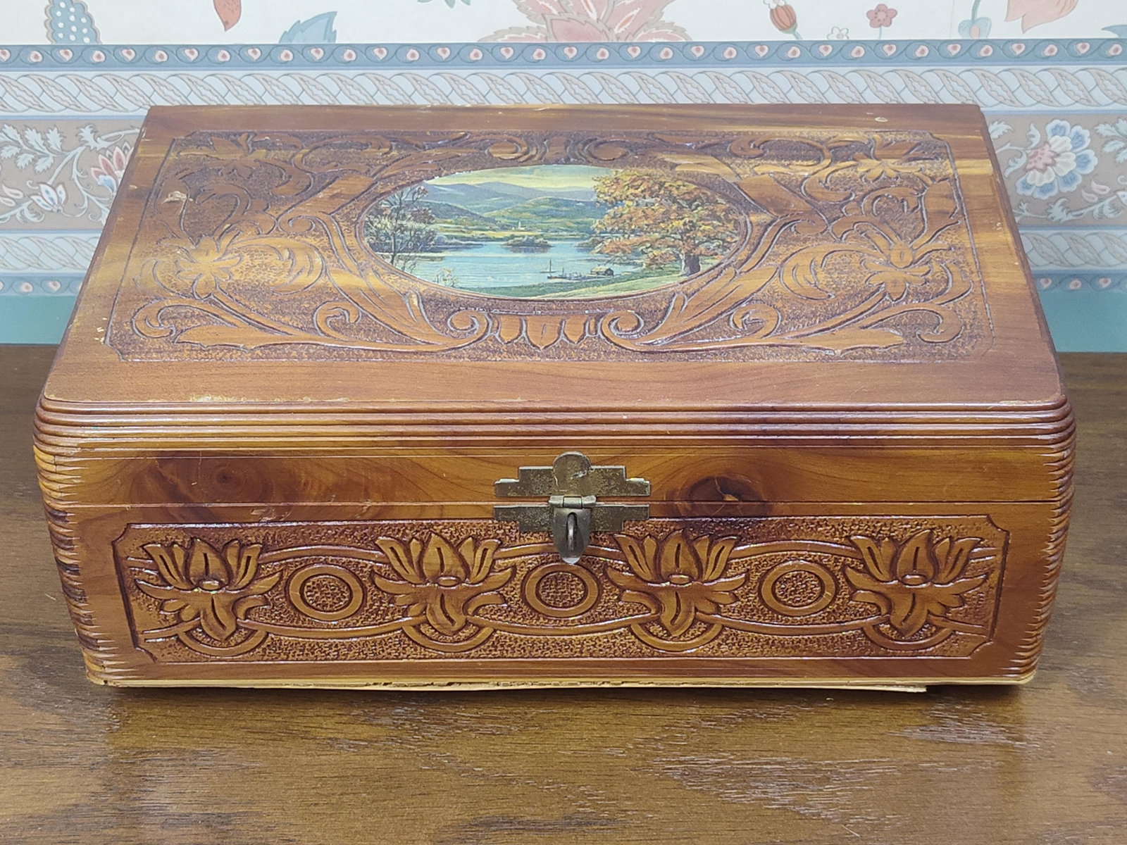 Mid-20th C. Cedar Box w/ Landscape Lithograph (1 of 4)