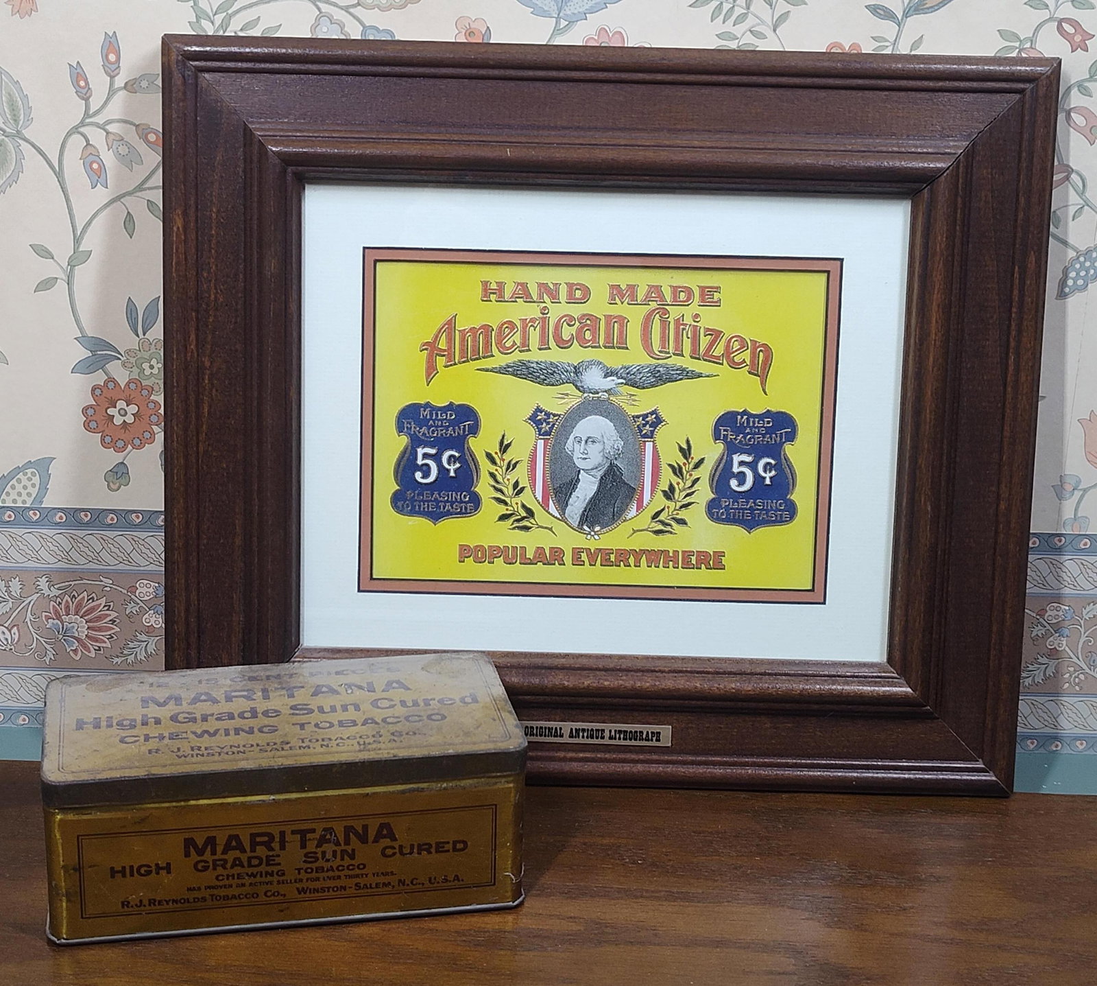 Am. Citizen Stone Lithograph & Maritana Tobacco: This lot comprises two antique tobacco advertising items. The first is a framed stone lithograph for American Citizen cigars. The lithograph features a central portrait of George Washington in an