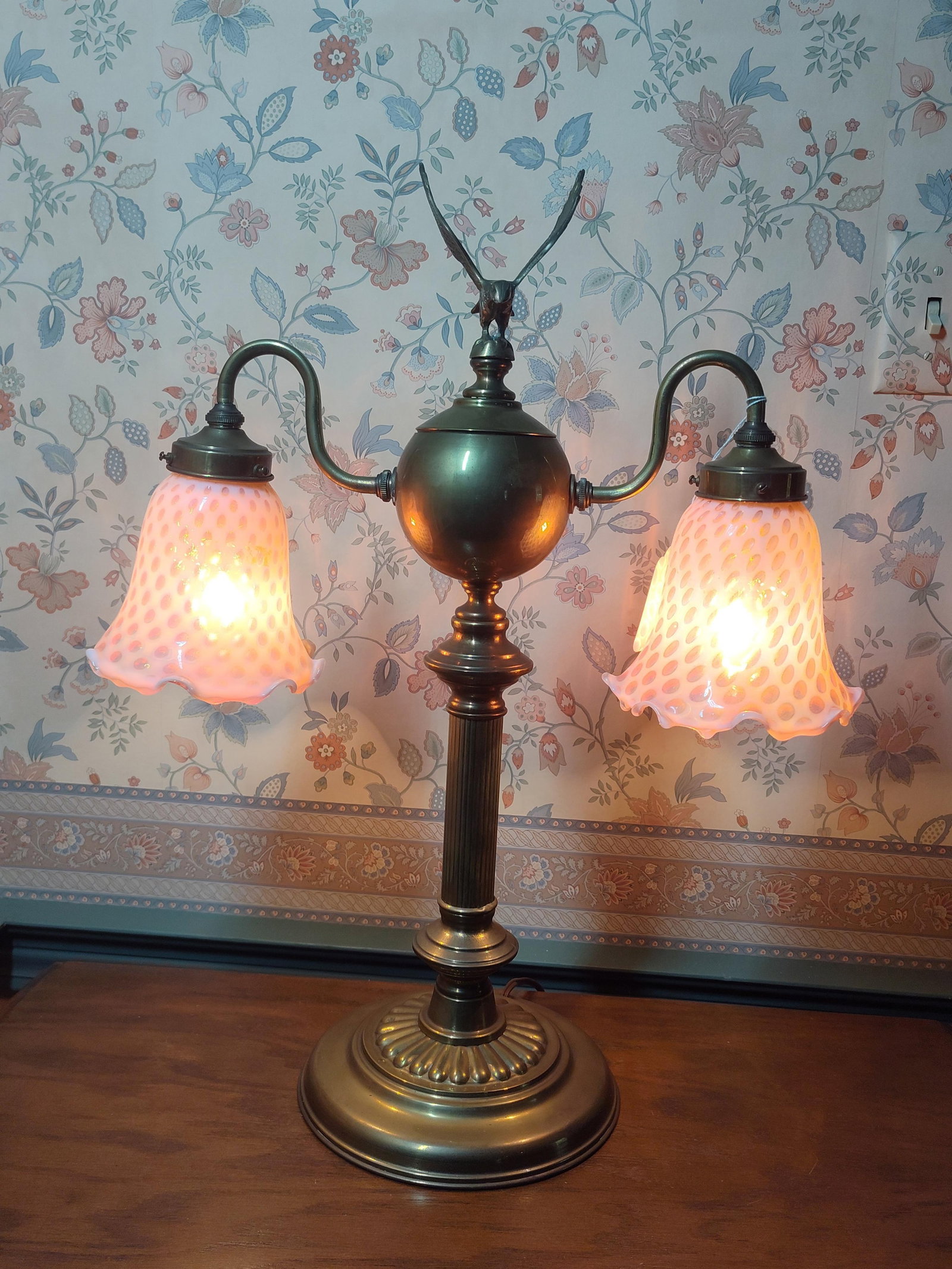 Brass Lamp w/ Eagle & Cranberry Coin Spot Shades (1 of 6)