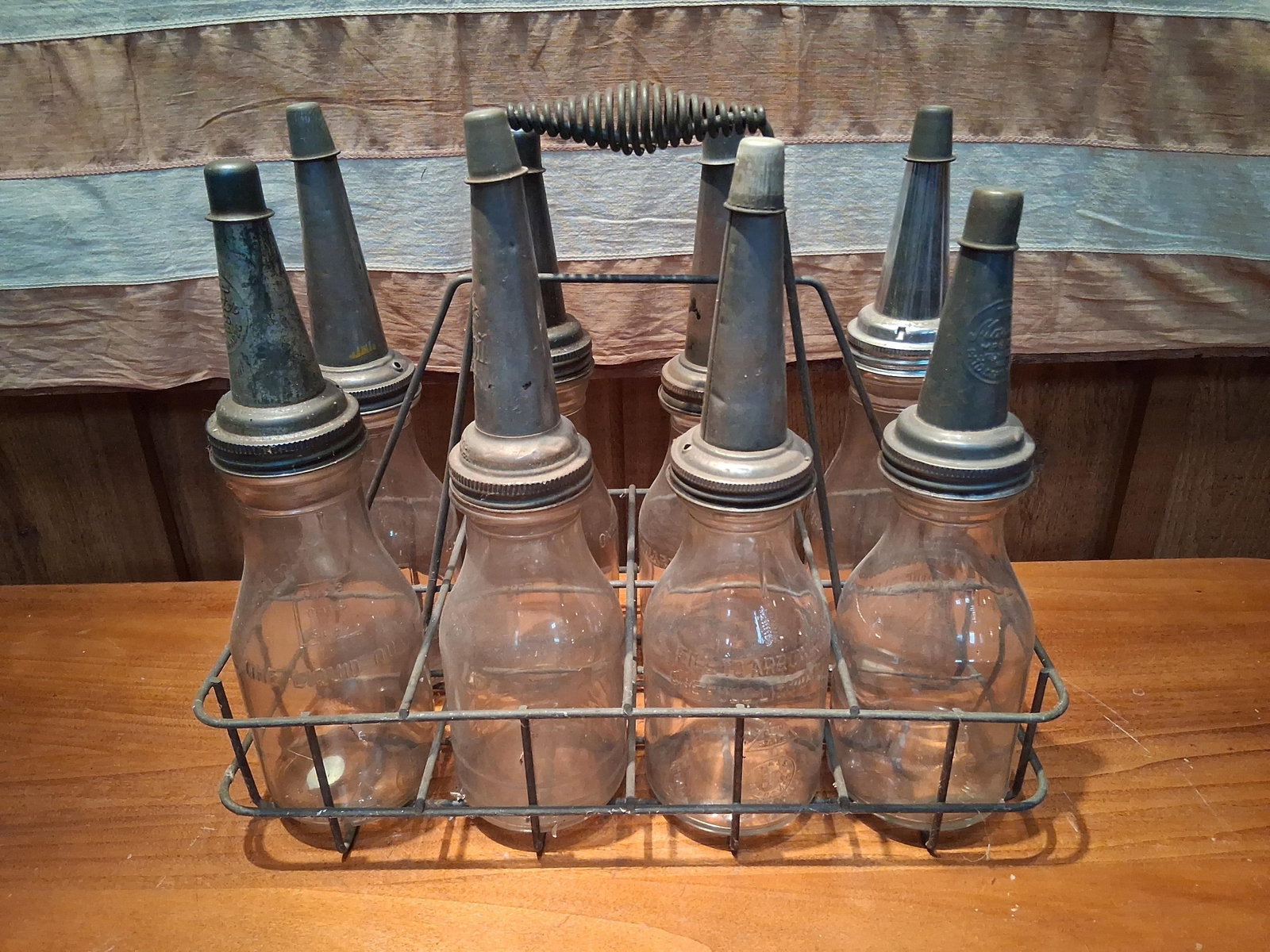 Set 8 Vtg Motor Oil Bottles w/ Spouts & Carrier (1 of 11)